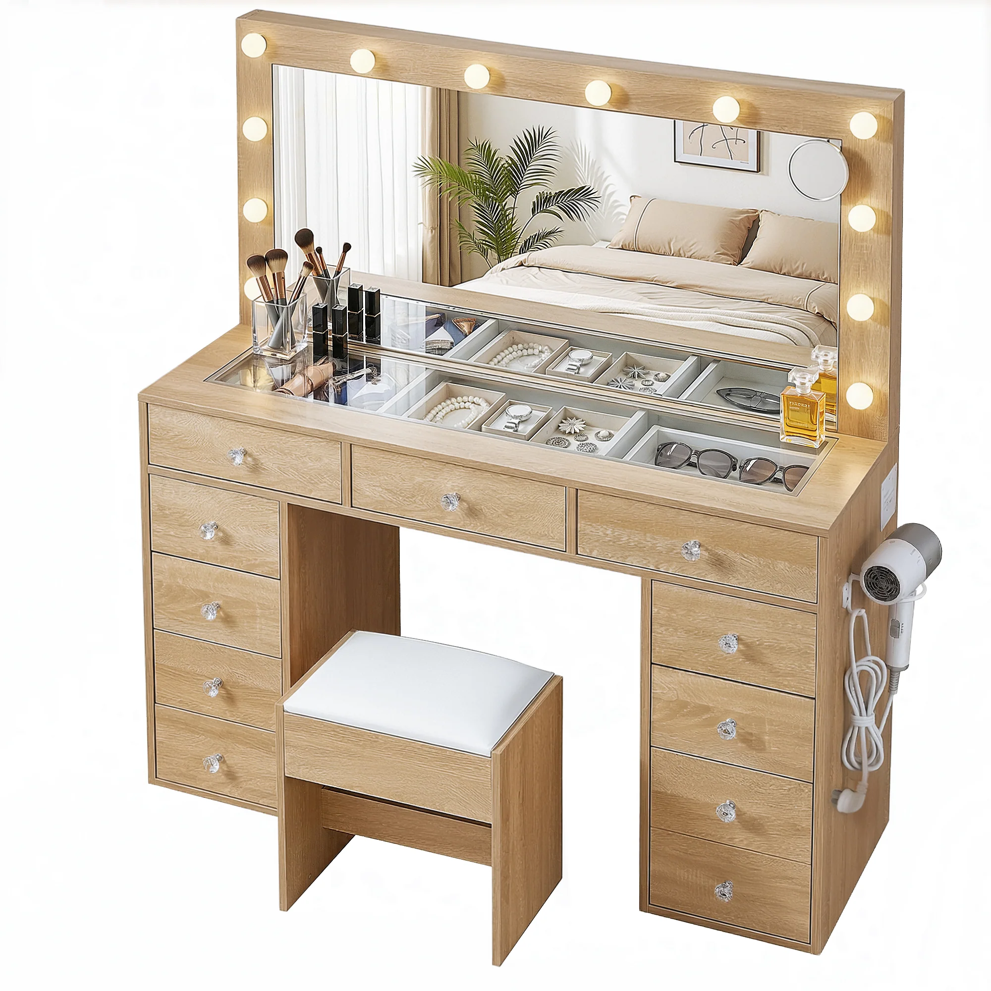 Artiss Dressing Table Vanity Desk Set Stool LED Bulbs Wood - Image 2