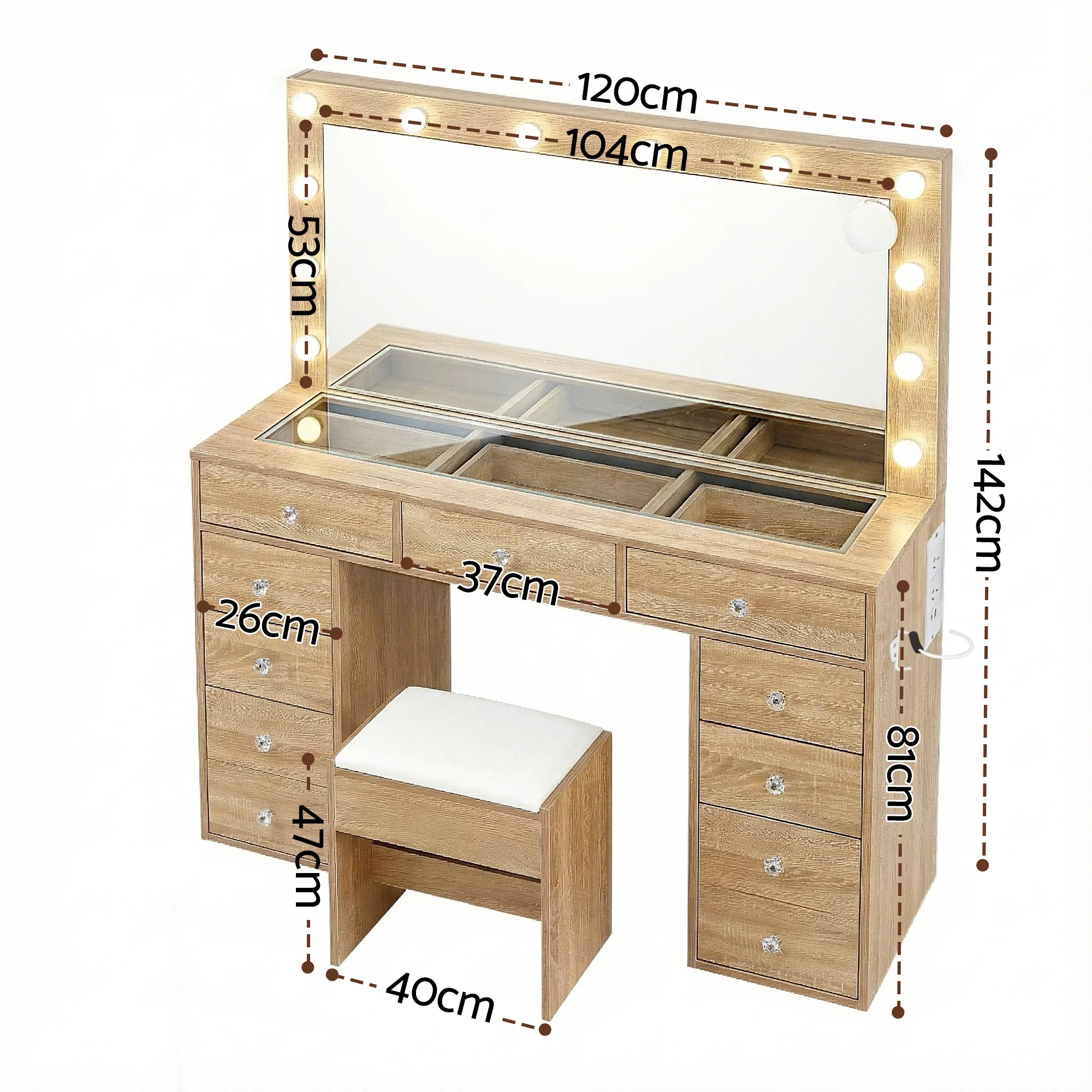 Artiss Dressing Table Vanity Desk Set Stool LED Bulbs Wood - Image 3