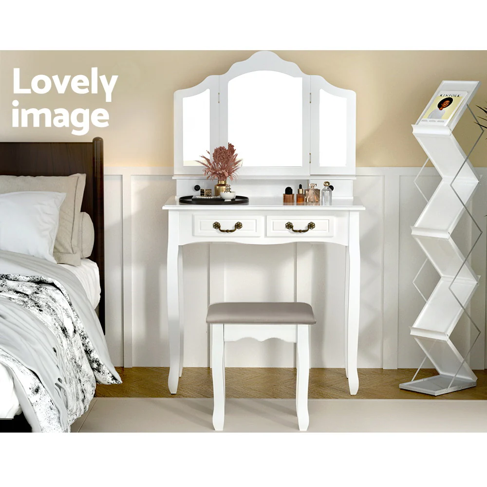 Artiss Dressing Table Stool Set Foldable Mirror White - Image 4