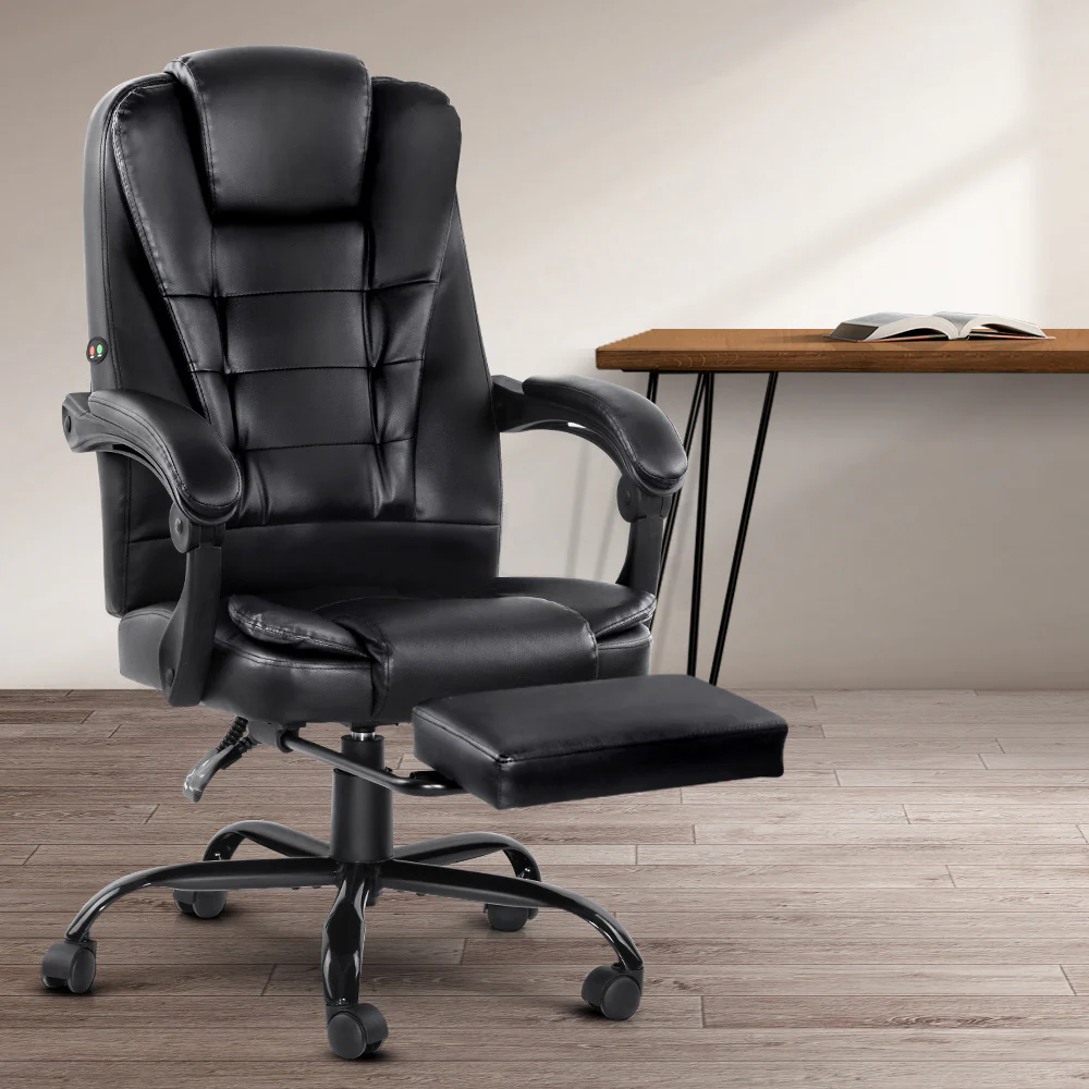 Artiss 2 Point Massage Office Chair PU Leather Footrest Black - Image 7
