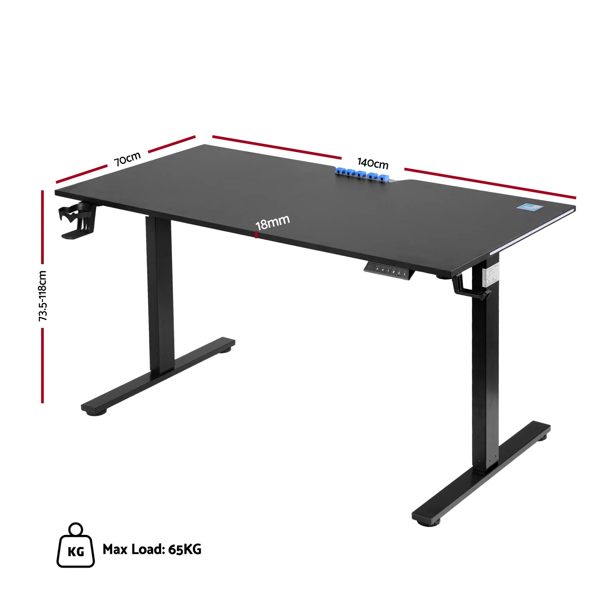 Artiss Electric Standing Desk, Gaming Desk RGB LED, Ergonomic Sit Stand Desk with Height Adjustable and Smart Memory Preset, Computer Workstations for Home & Office, Black, 140cm - Image 2