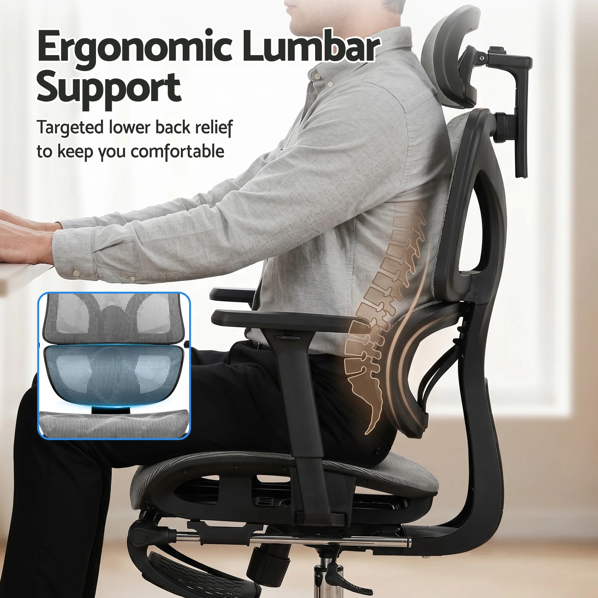 Artiss Ergonomic Office Chair Footrest Grey - Image 5