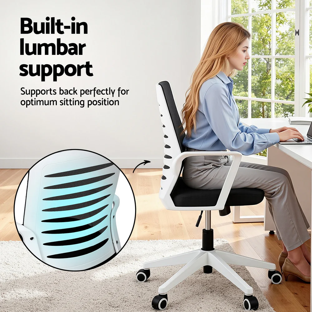 Artiss Ergonomic Office Chair Mesh Computer Desk Chairs with Lumbar Support, Height Adjustment Swivel Chair Mid Back for Home Office Study, Black and White - Image 5