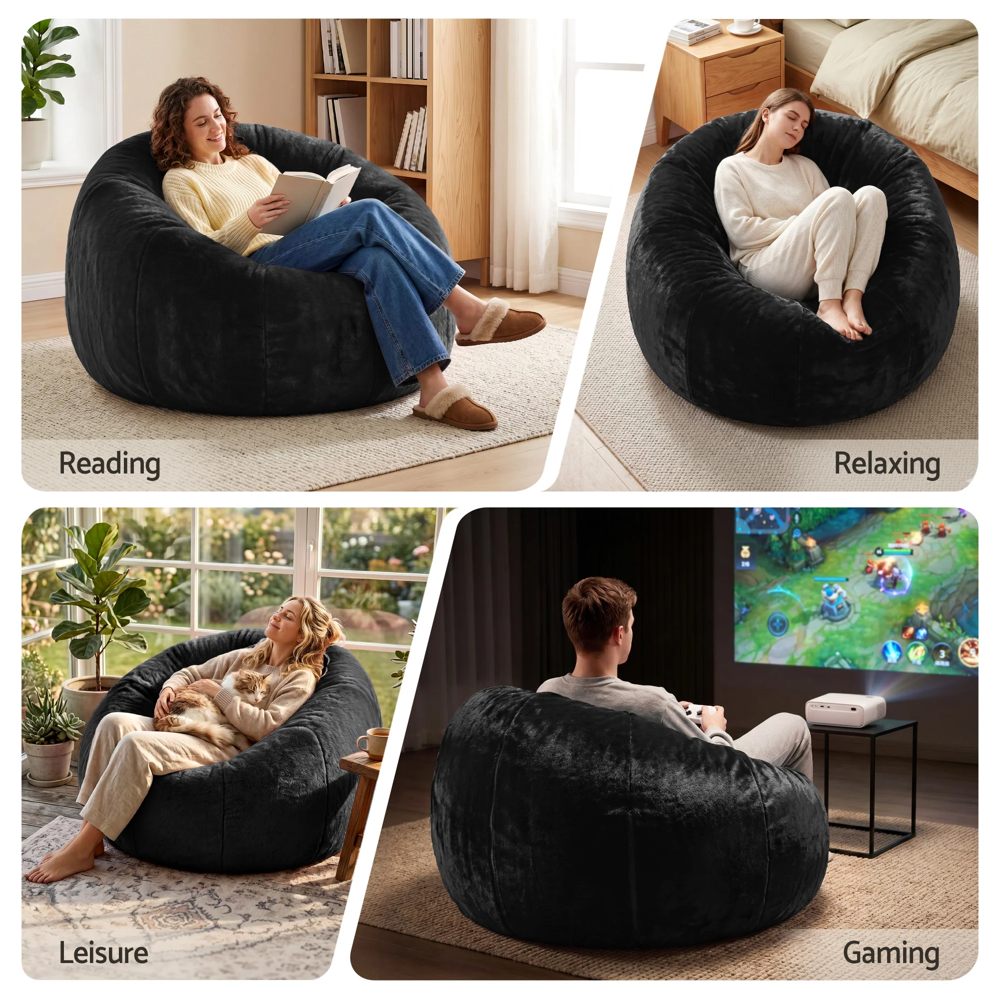 Artiss Faux Fur Bean Bag Chair with Filler Large Round DIY Stuffed Animal Storage Bean Bag Washable Lazy Sofa for Adults Kids Teens, Black - Image 7