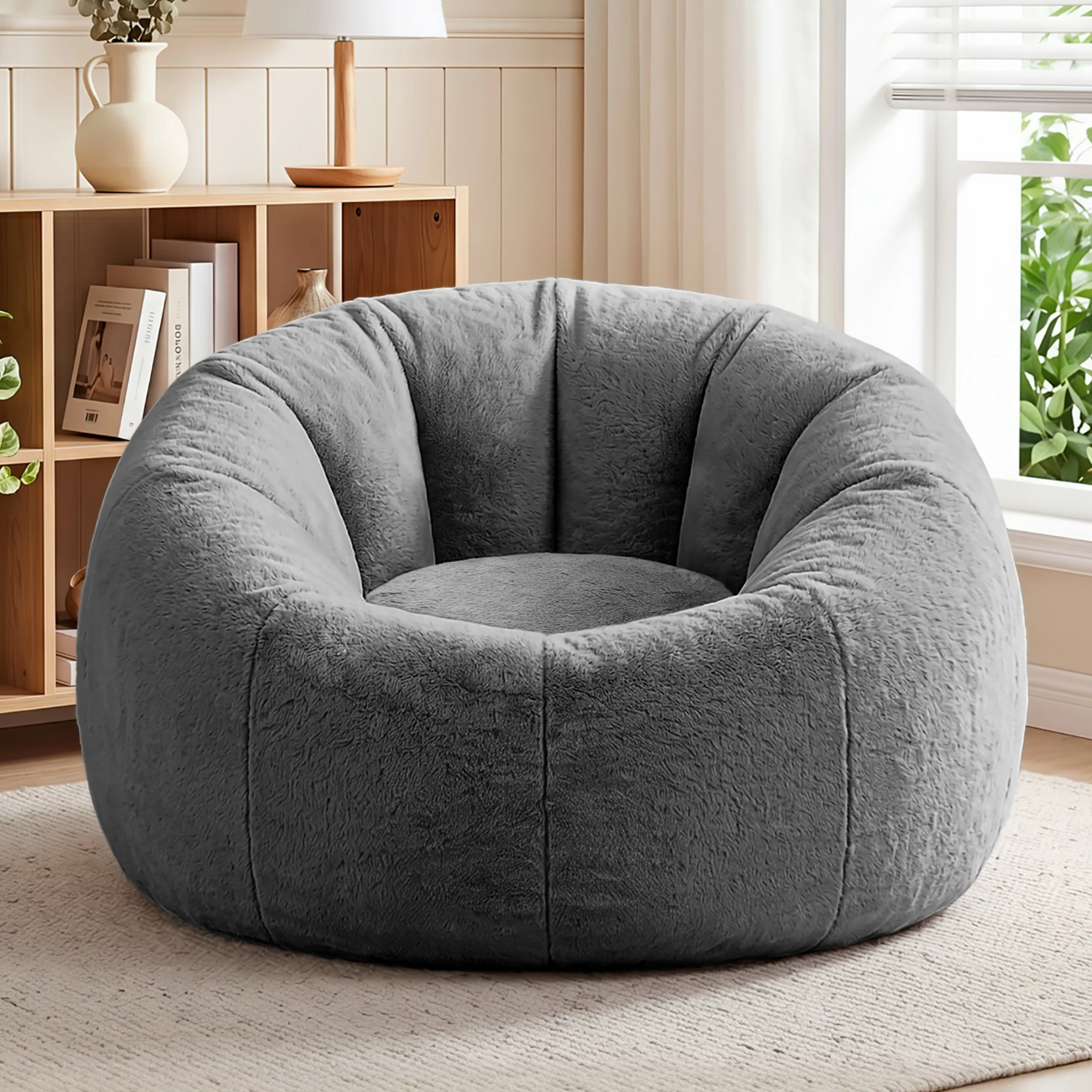 Artiss Faux Fur Bean Bag Chair with Filler Large Round DIY Stuffed Animal Storage Bean Bag Washable Lazy Sofa for Adults Kids Teens, Grey