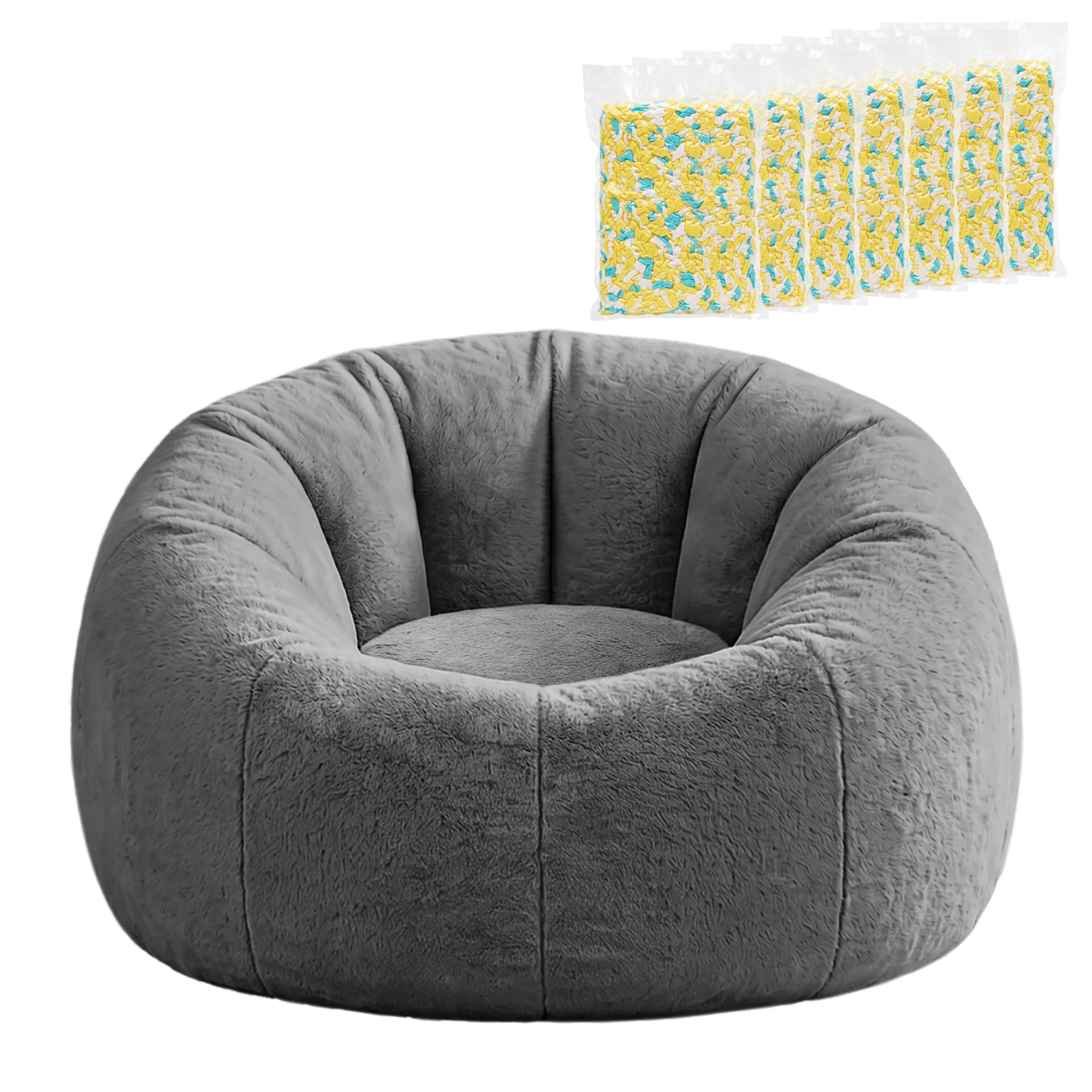 Artiss Faux Fur Bean Bag Chair with Filler Large Round DIY Stuffed Animal Storage Bean Bag Washable Lazy Sofa for Adults Kids Teens, Grey - Image 2