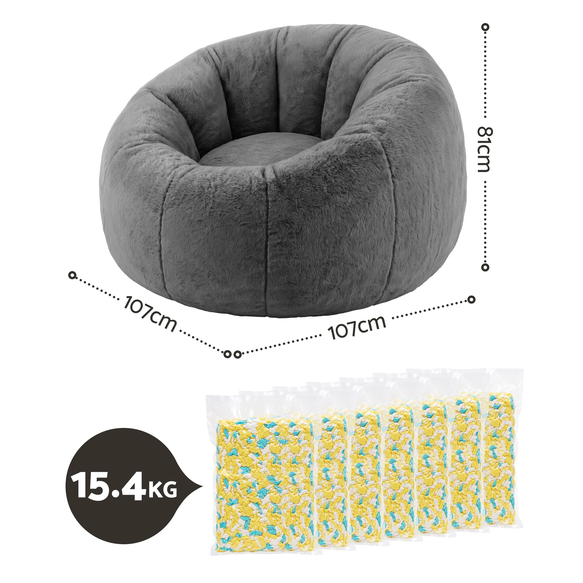 Artiss Faux Fur Bean Bag Chair with Filler Large Round DIY Stuffed Animal Storage Bean Bag Washable Lazy Sofa for Adults Kids Teens, Grey - Image 3