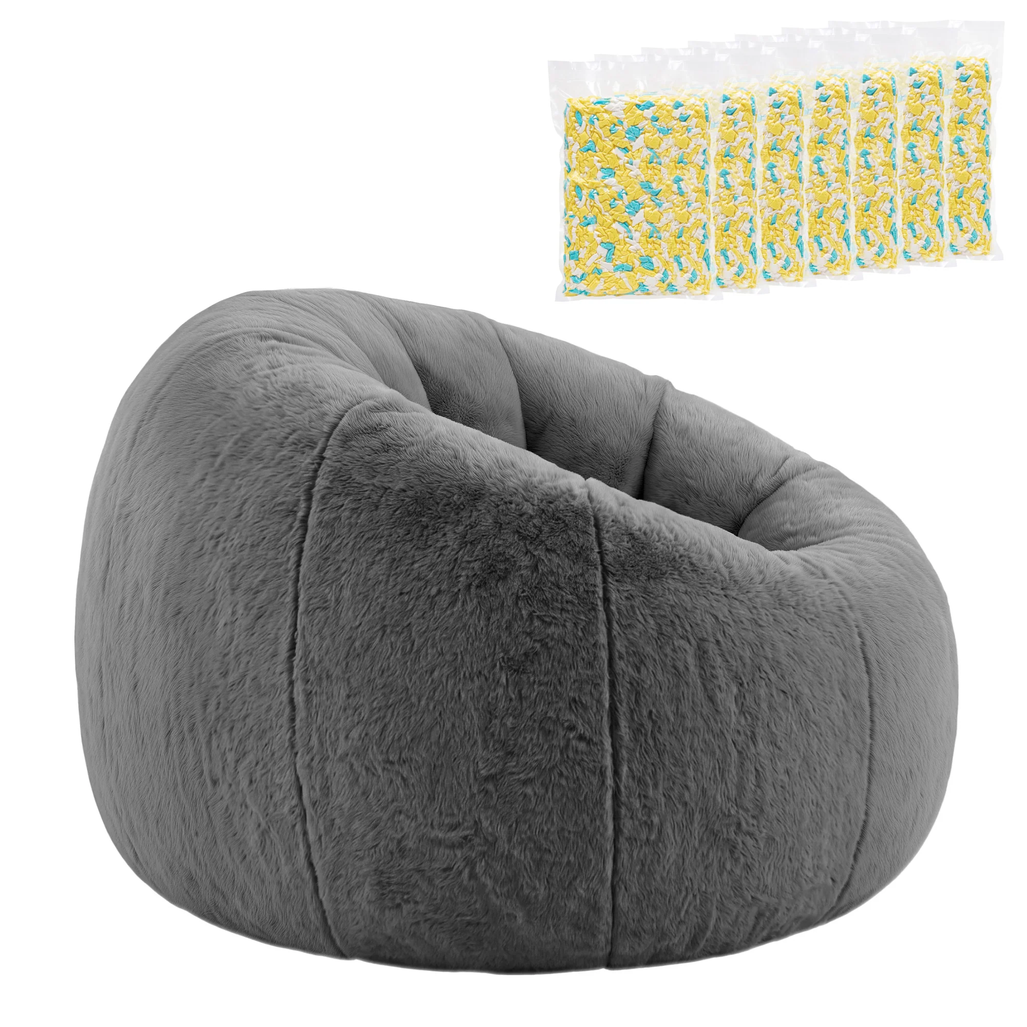 Artiss Faux Fur Bean Bag Chair with Filler Large Round DIY Stuffed Animal Storage Bean Bag Washable Lazy Sofa for Adults Kids Teens, Grey - Image 4