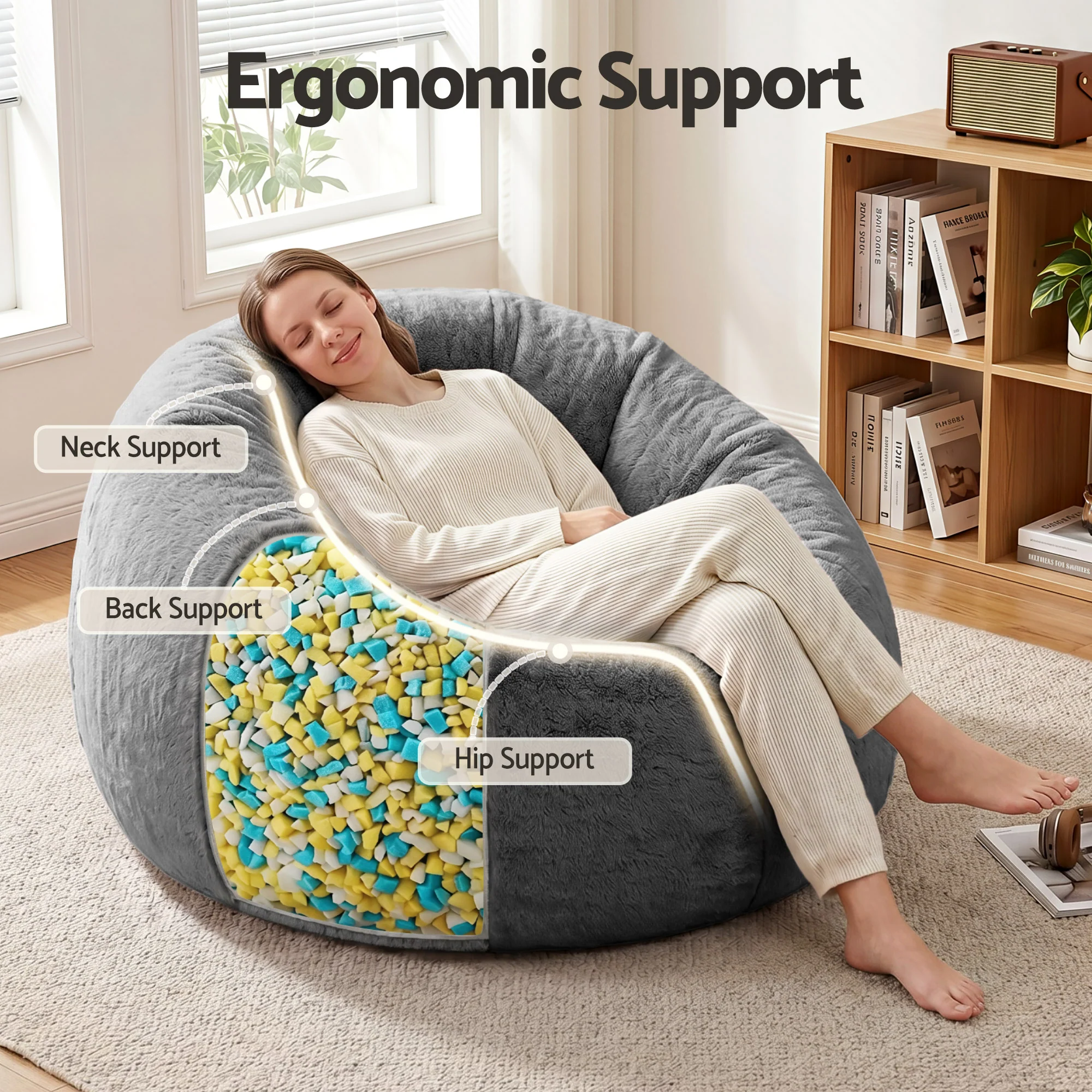 Artiss Faux Fur Bean Bag Chair with Filler Large Round DIY Stuffed Animal Storage Bean Bag Washable Lazy Sofa for Adults Kids Teens, Grey - Image 5