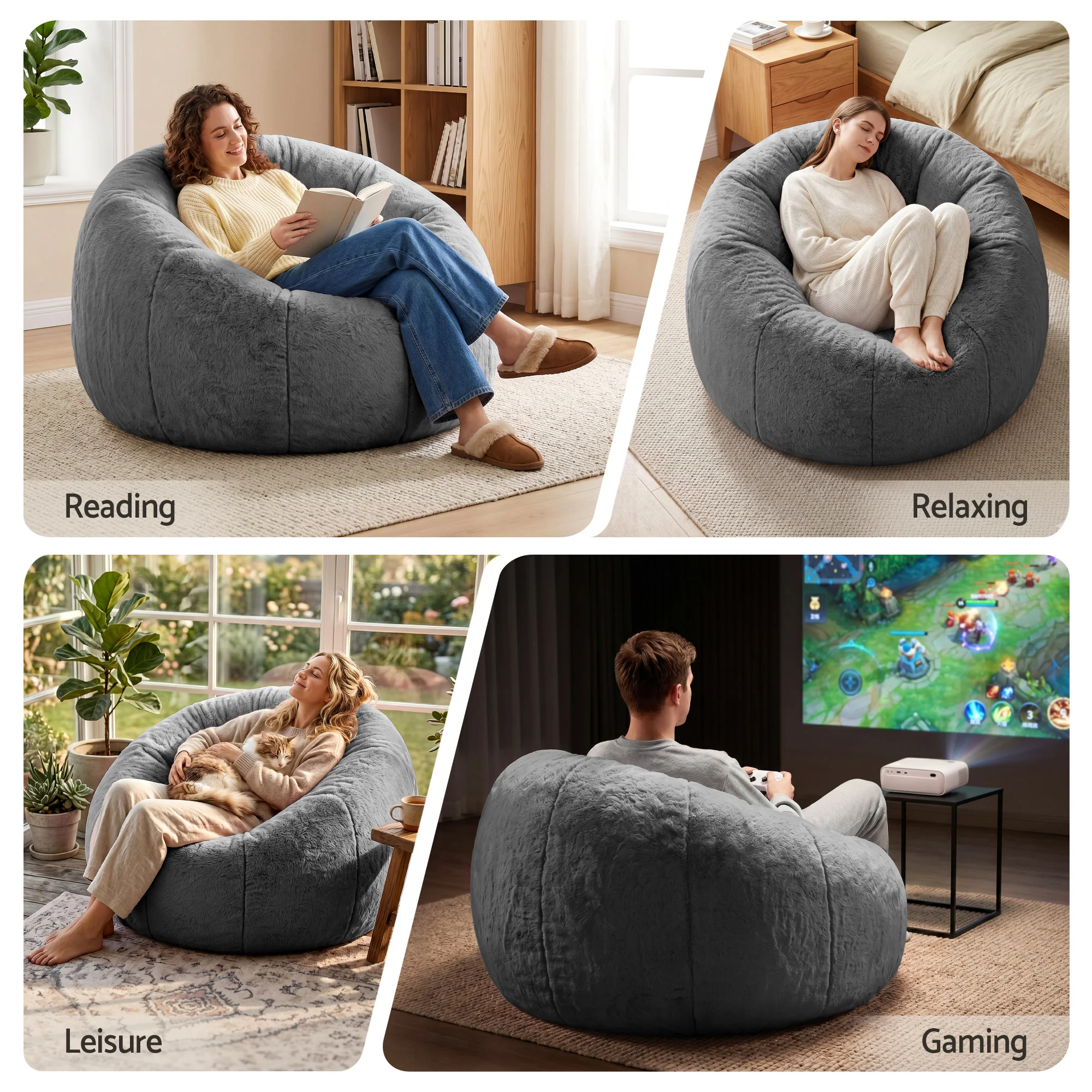 Artiss Faux Fur Bean Bag Chair with Filler Large Round DIY Stuffed Animal Storage Bean Bag Washable Lazy Sofa for Adults Kids Teens, Grey - Image 7