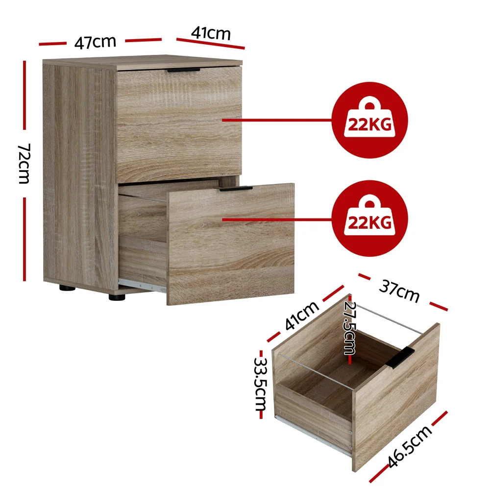 Artiss Filing Cabinet Files Storage Office Shelves File Organiser Oak 2 Drawer - Image 3