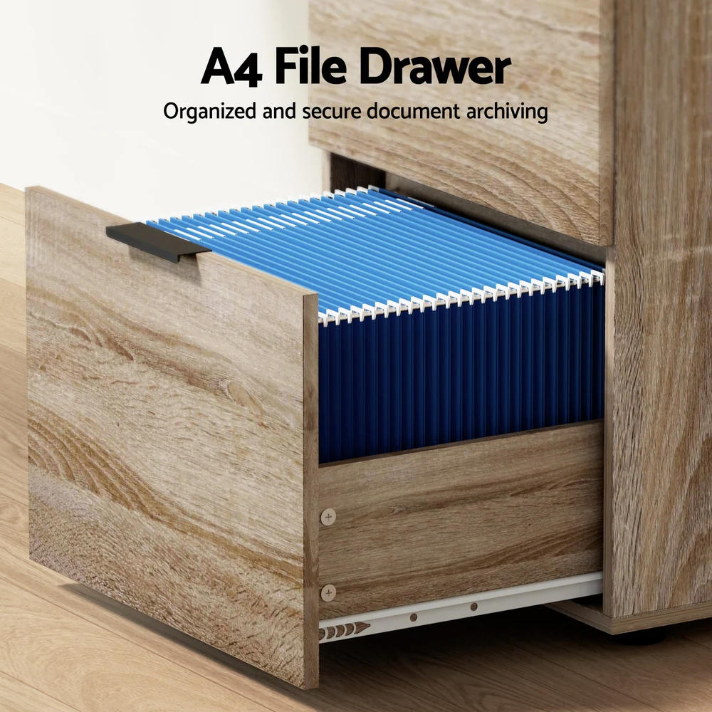 Artiss Filing Cabinet Files Storage Office Shelves File Organiser Oak 2 Drawer - Image 5