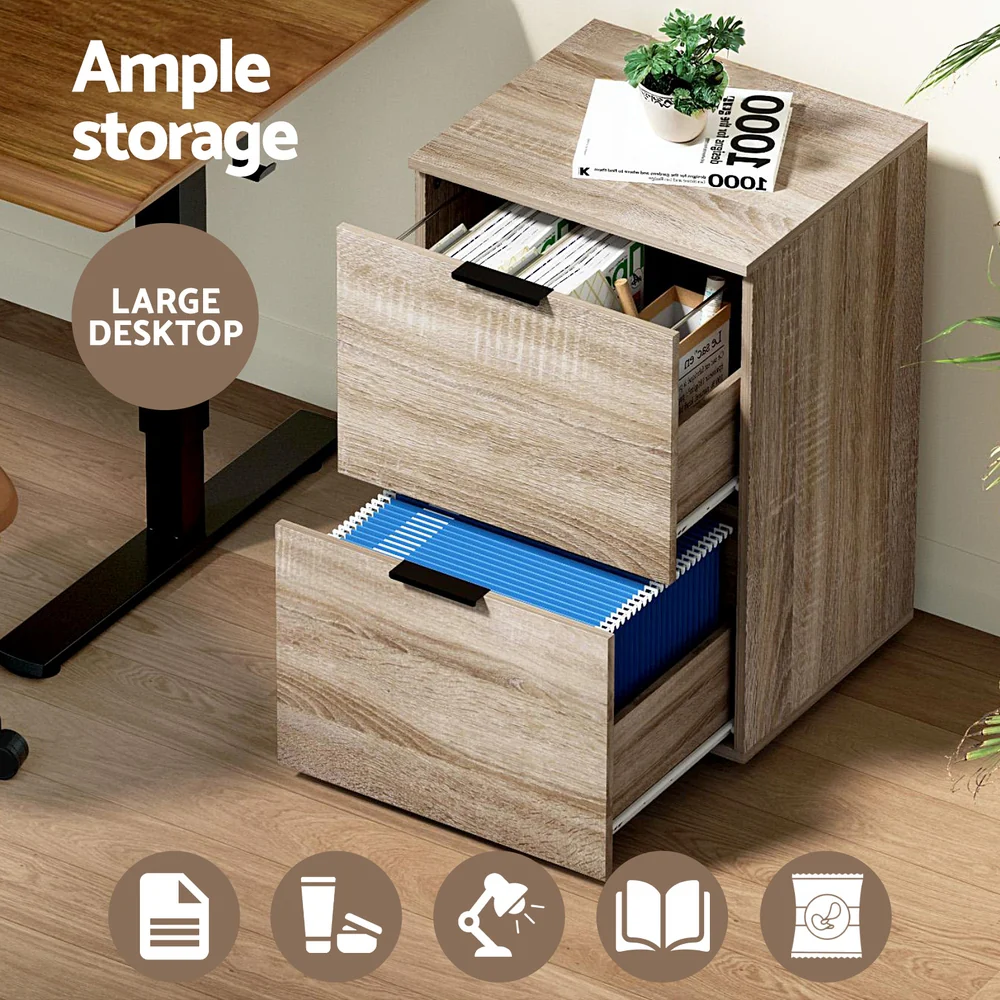 Artiss Filing Cabinet Files Storage Office Shelves File Organiser Oak 2 Drawer - Image 6