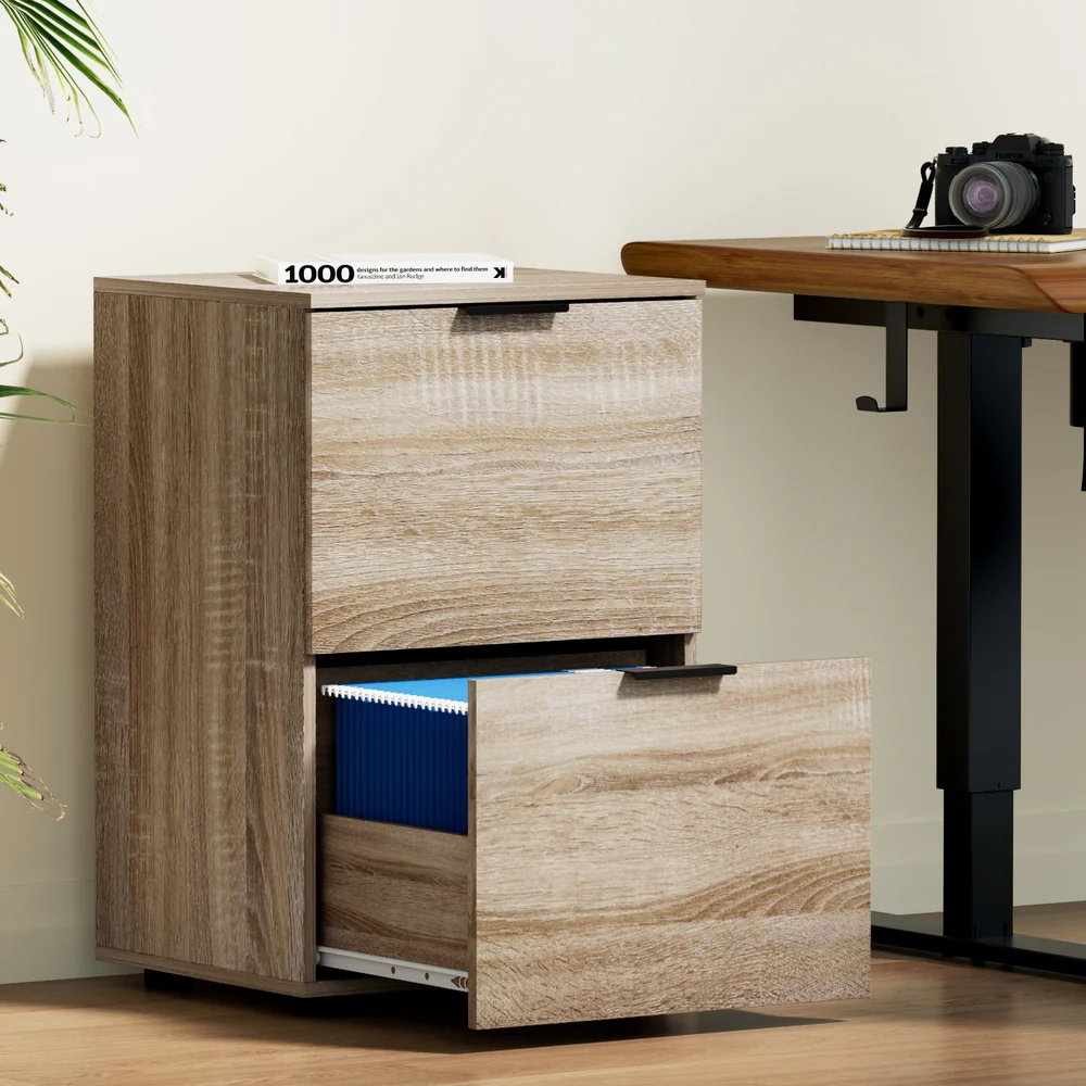 Artiss Filing Cabinet Files Storage Office Shelves File Organiser Oak 2 Drawer - Image 8