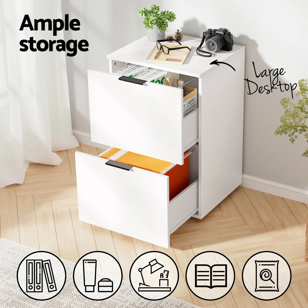 Artiss Filing Cabinet Files Storage Office Shelves File Organiser White 2 Drawer - Image 6