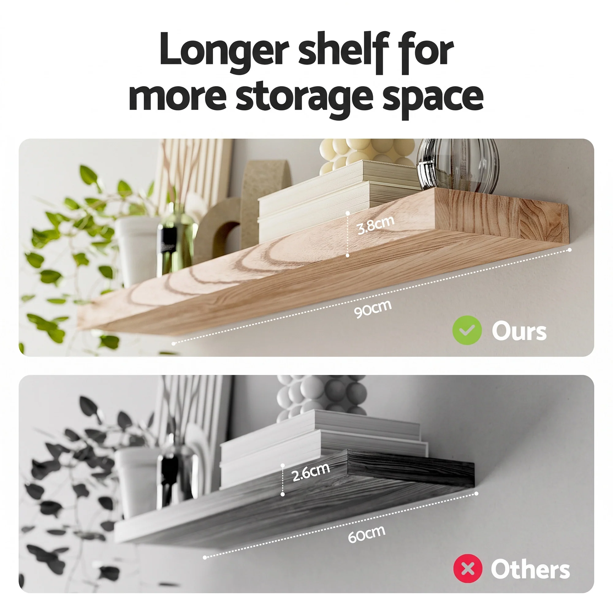 Artiss Floating Wall Shelf Set of 2 Wood 90CM - Image 7