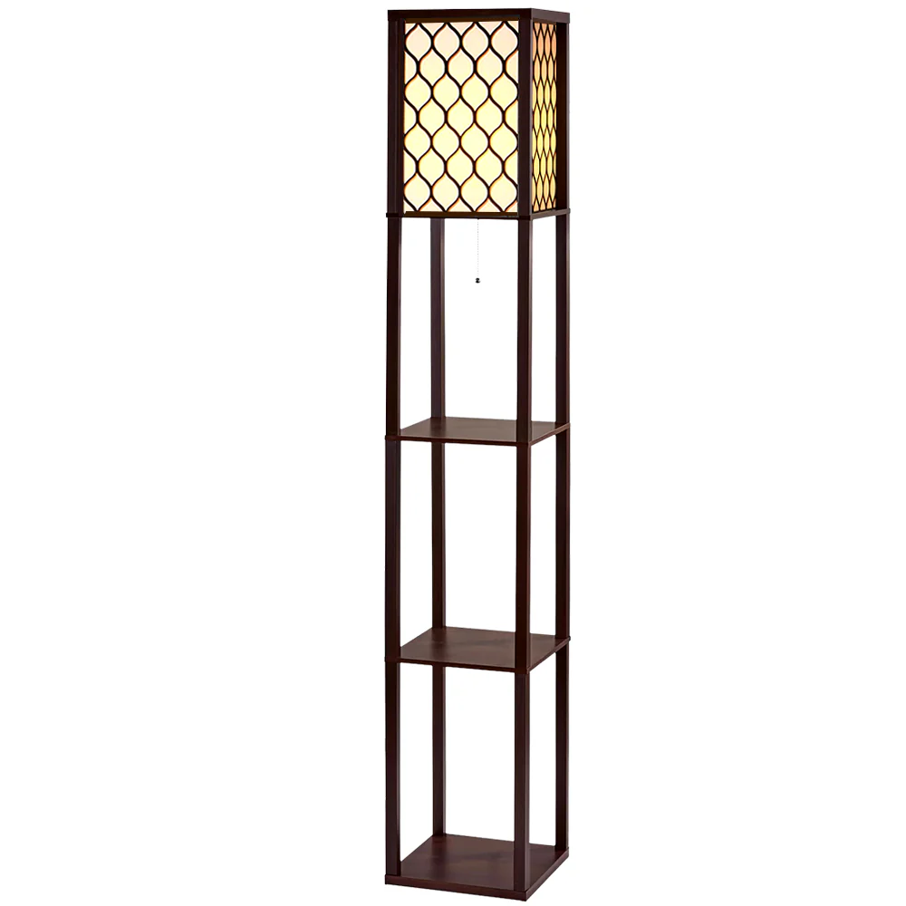 Artiss Floor Lamp 3 Tier Shelf Storage LED Light Stand Home Room Pattern Brown - Image 2
