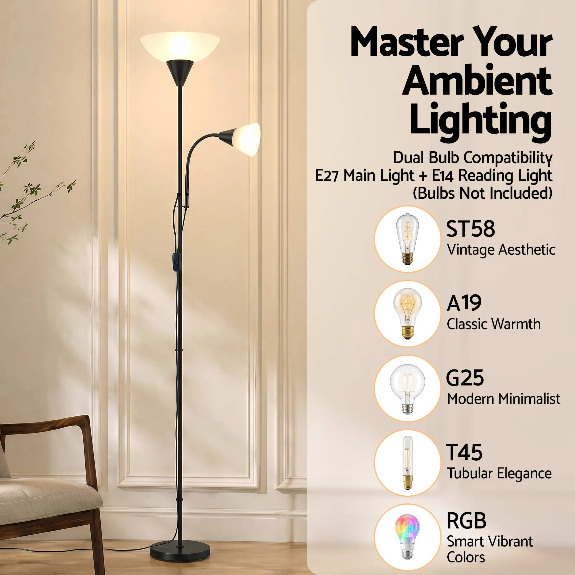 Artiss Floor Lamp Mother and Child Modern Home Living Room Office Reading Black - Image 6