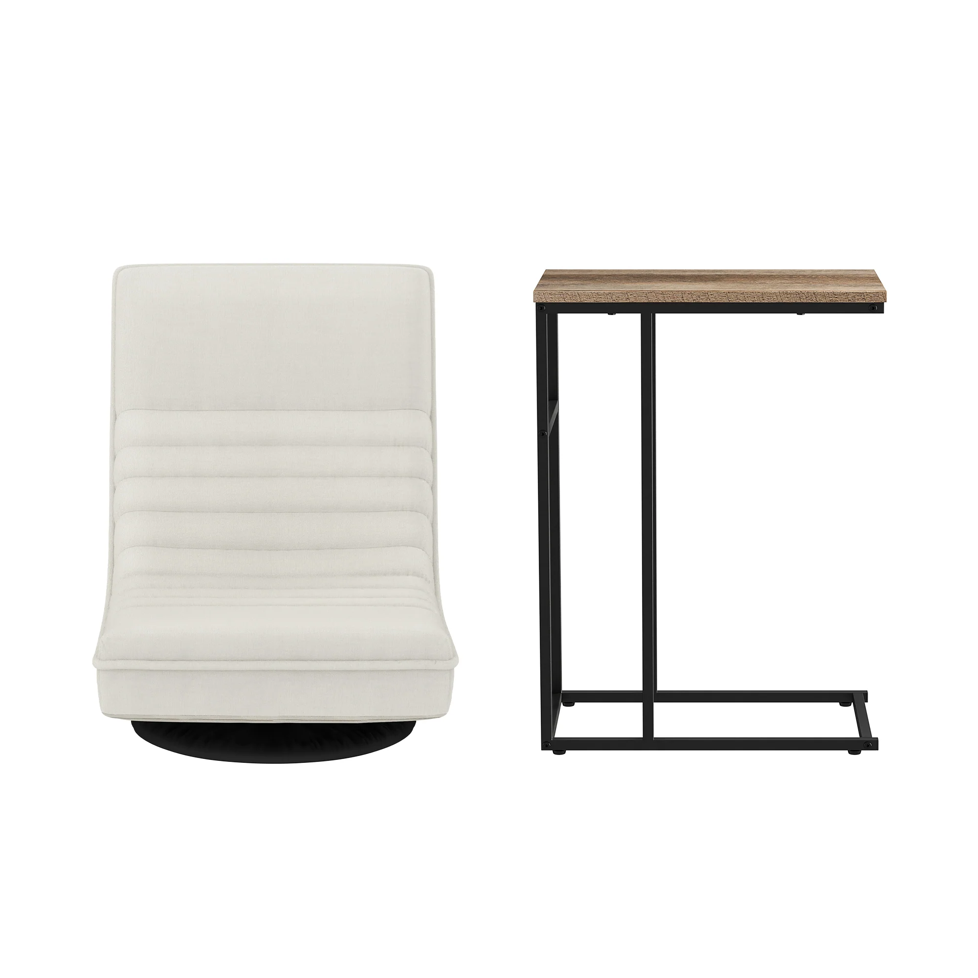 Artiss Floor Lounge & Coffee Table Set, Swviel Foldable Linen Sofa Chair White, C-Shaped Side Table Walnut - Image 2