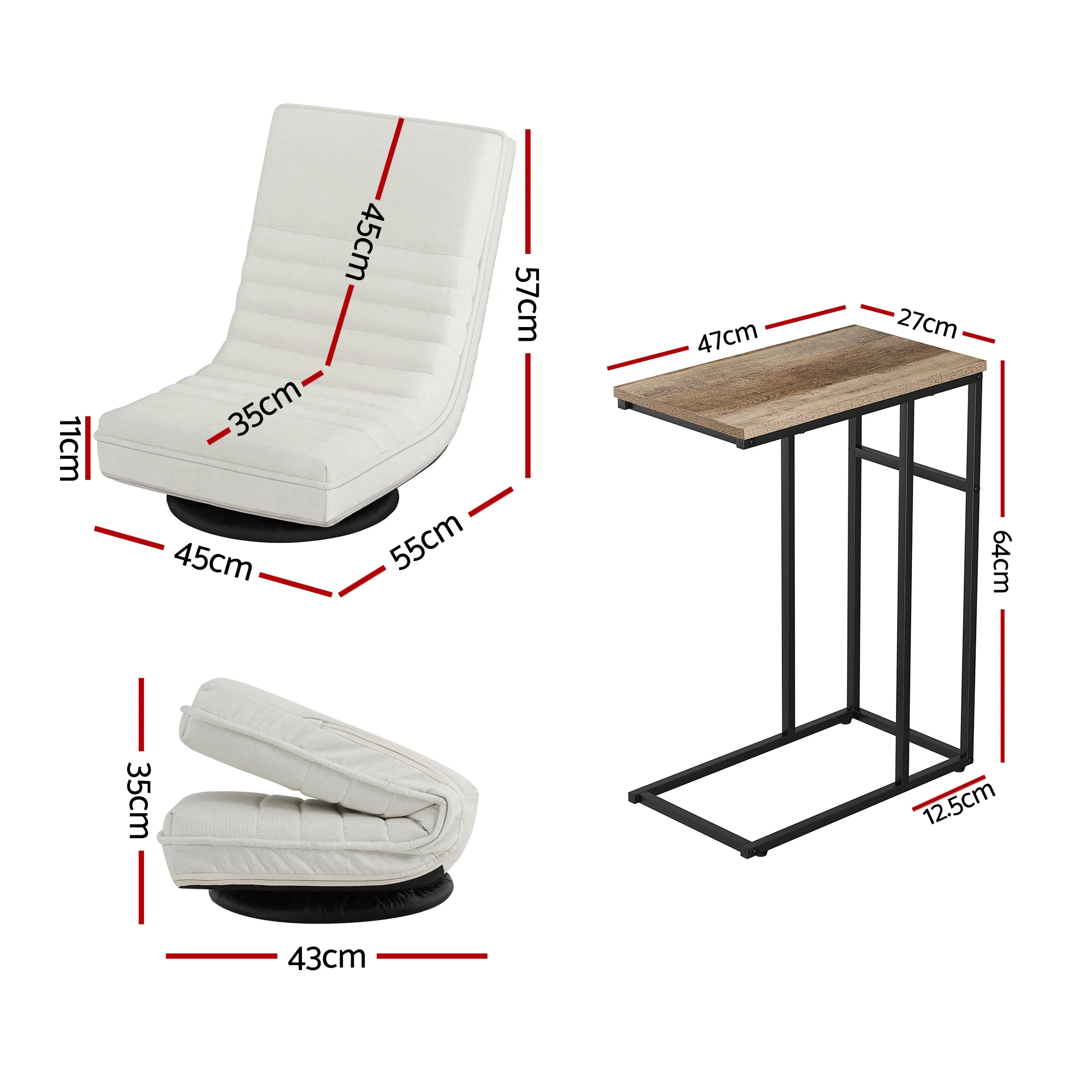 Artiss Floor Lounge & Coffee Table Set, Swviel Foldable Linen Sofa Chair White, C-Shaped Side Table Walnut - Image 3