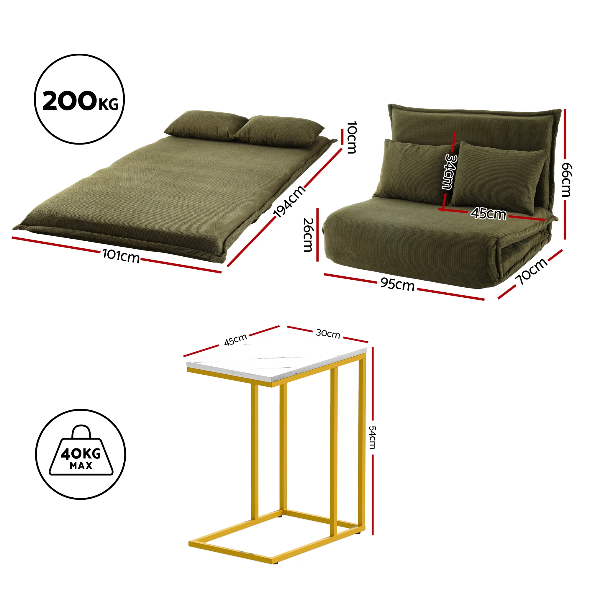 Artiss Floor Lounge Sofa Bed Folding Chaise Chair Green & Coffee Table Side Table Marble Effect - Image 3