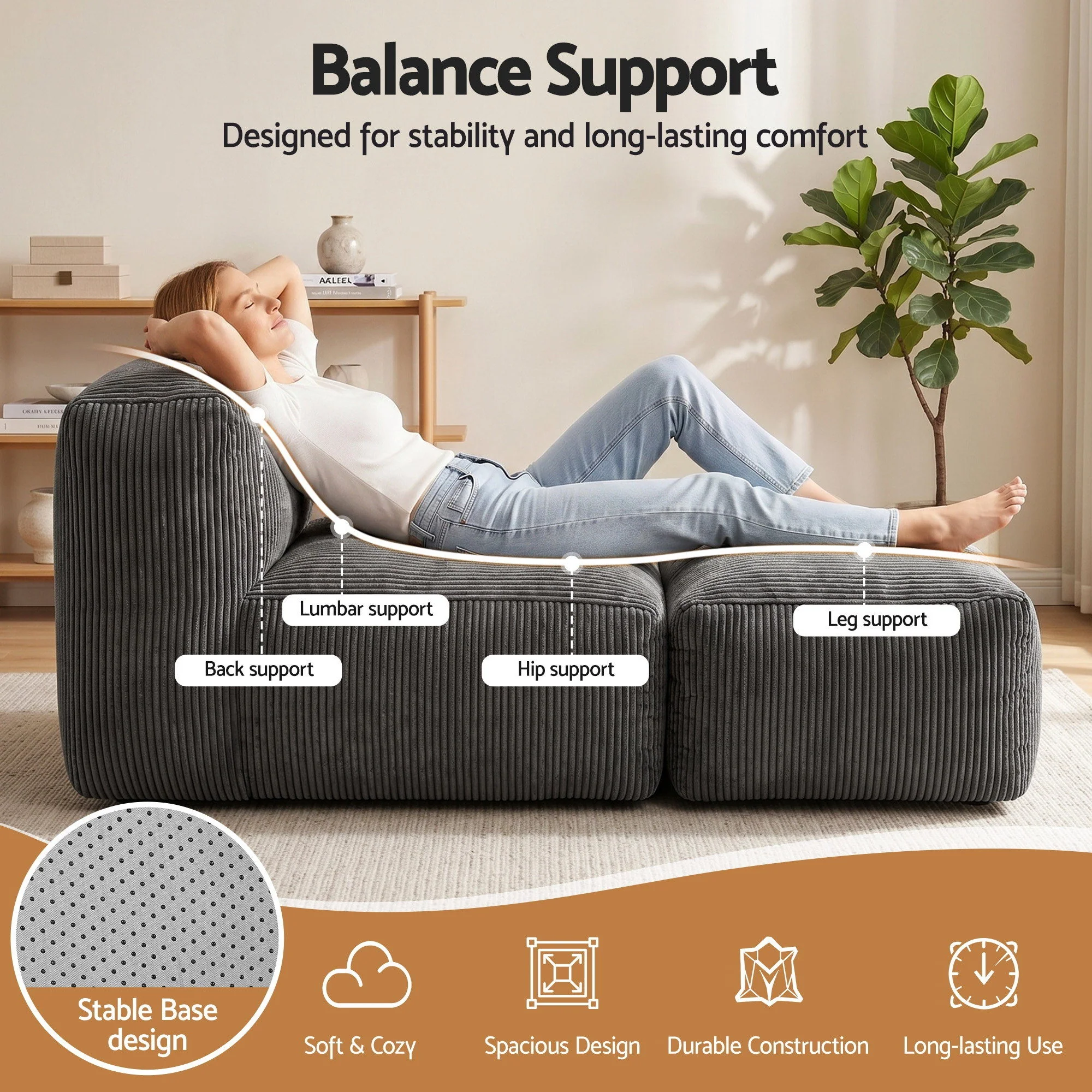 Artiss Foldable Bean Bag Sofa Bed Cloud Couch Boneless Floor Lounger Chair Grey - Image 5