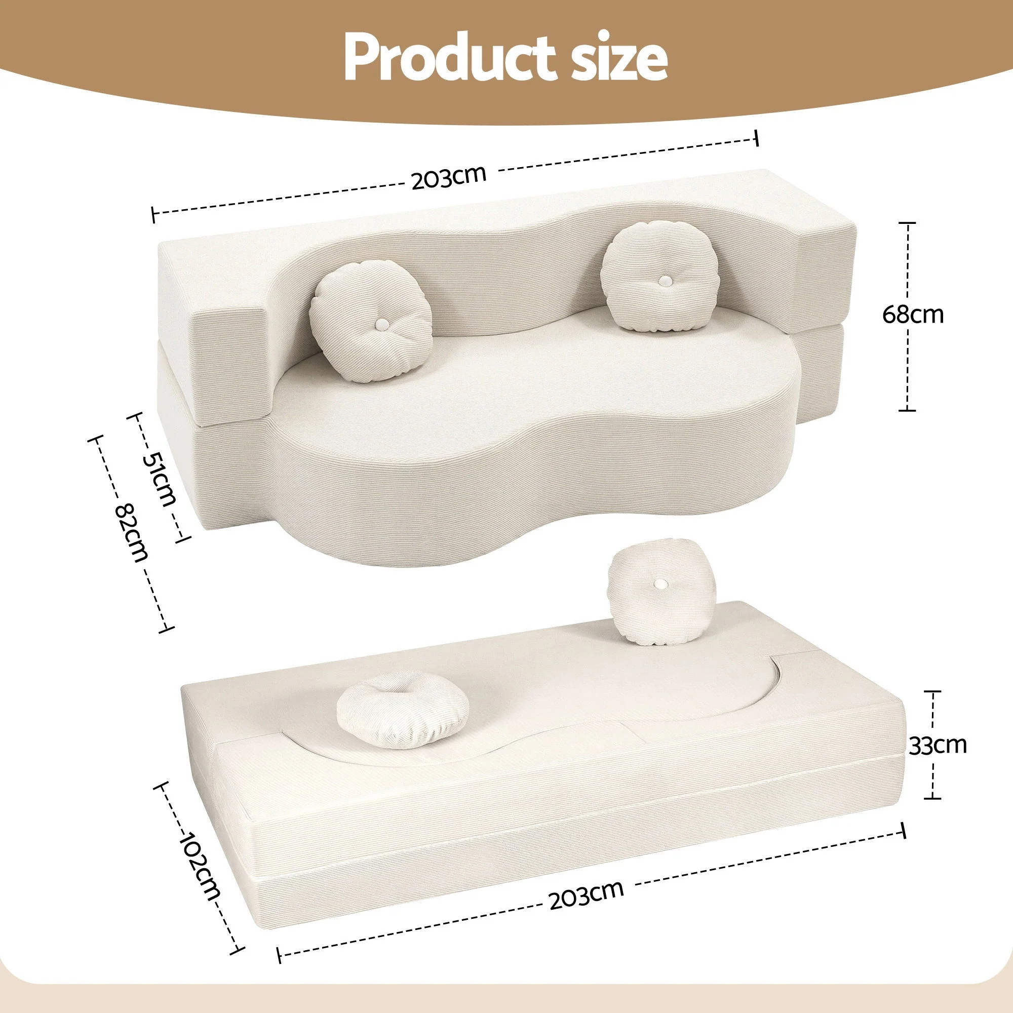 Artiss Folding Sofa Bed Floor Couch 2-in-1 Convertible Futon Loveseat Beige - Image 2