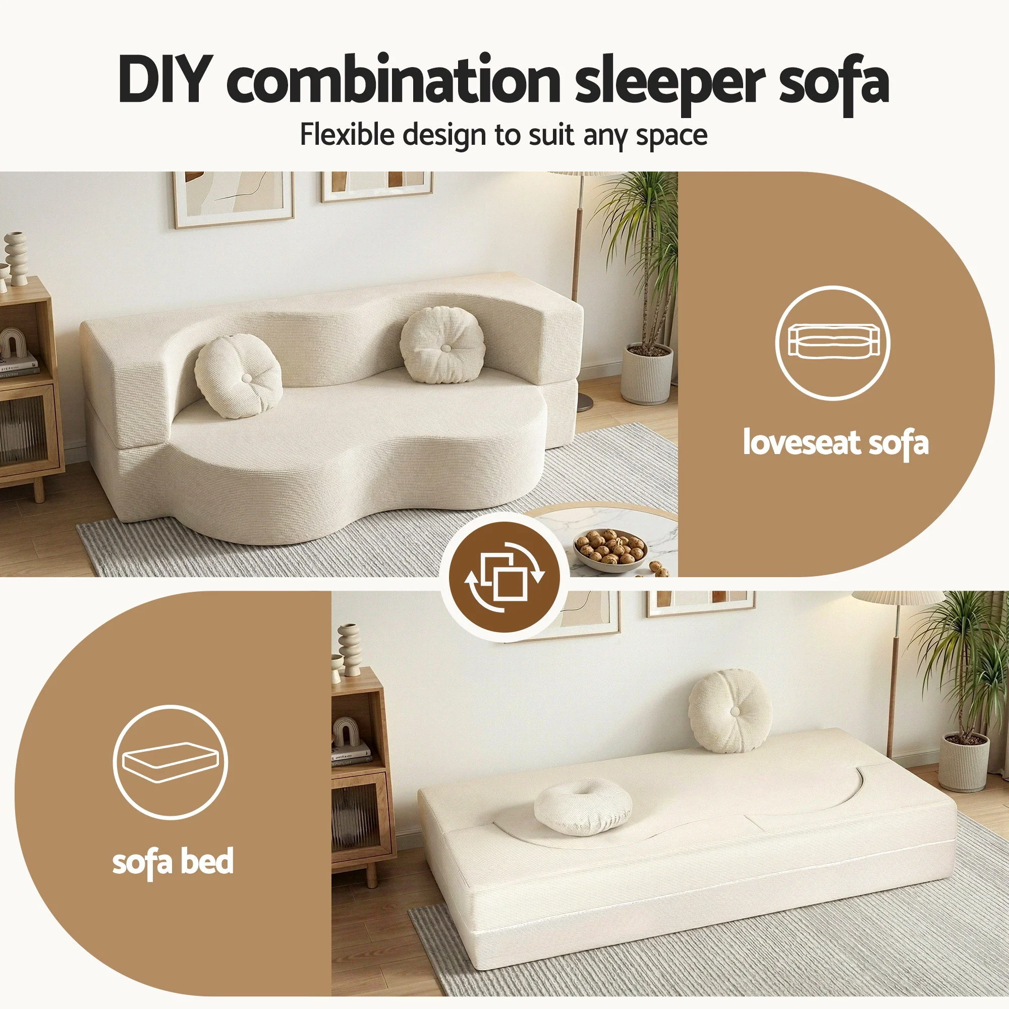 Artiss Folding Sofa Bed Floor Couch 2-in-1 Convertible Futon Loveseat Beige - Image 4