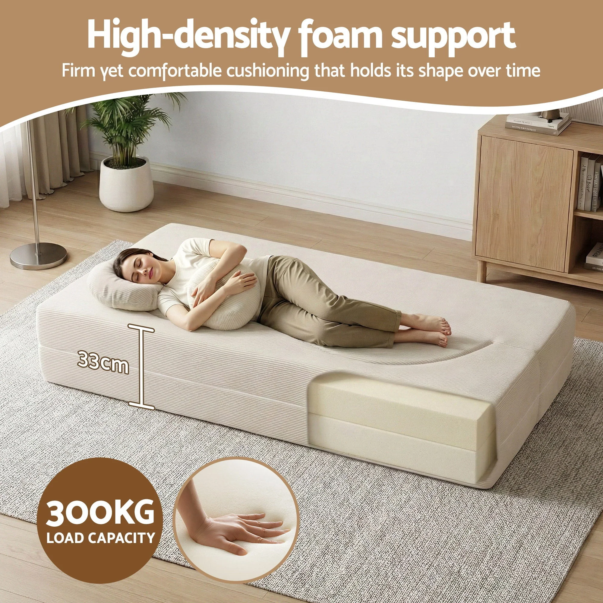 Artiss Folding Sofa Bed Floor Couch 2-in-1 Convertible Futon Loveseat Beige - Image 6