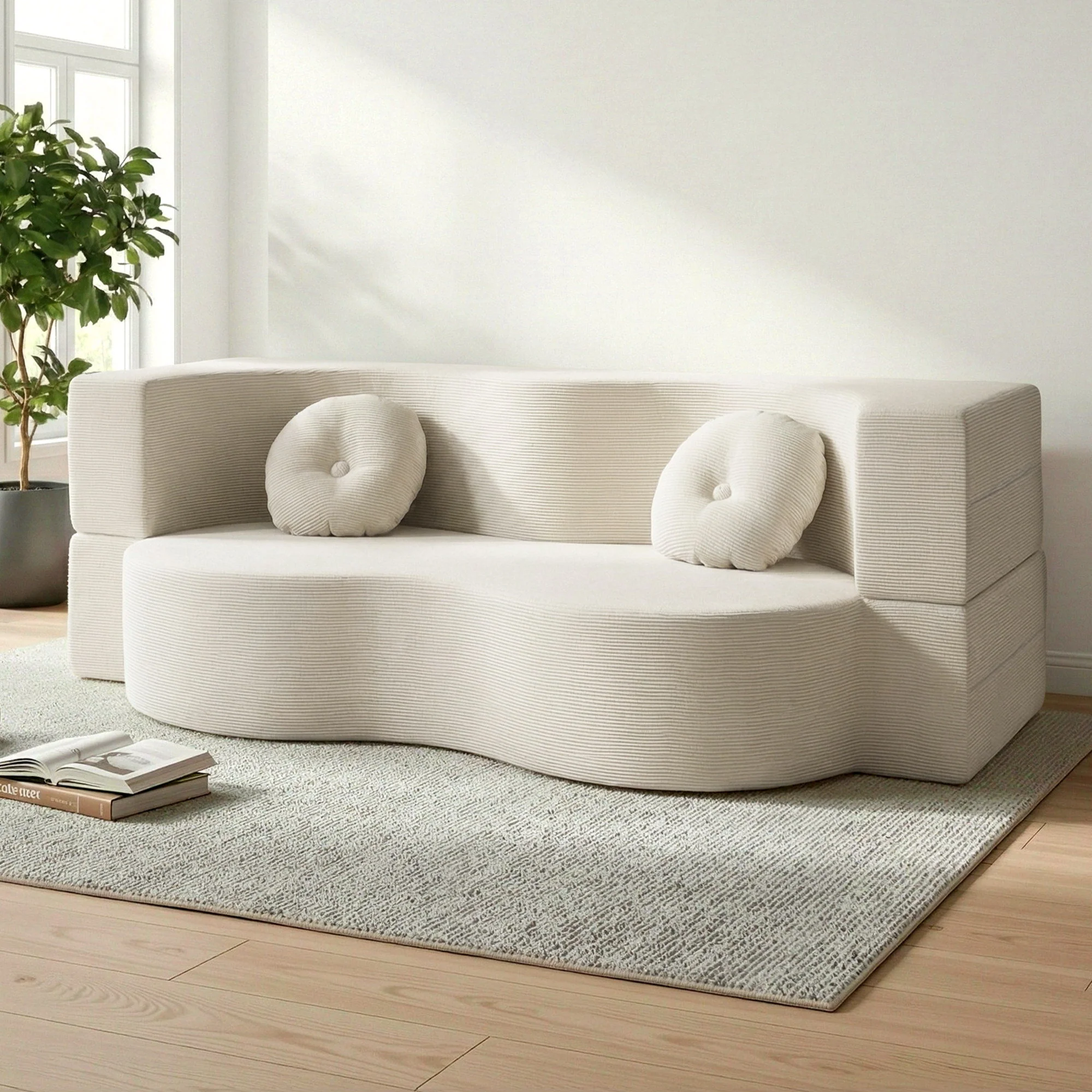 Artiss Folding Sofa Bed Floor Couch 2-in-1 Convertible Futon Loveseat Beige - Image 7
