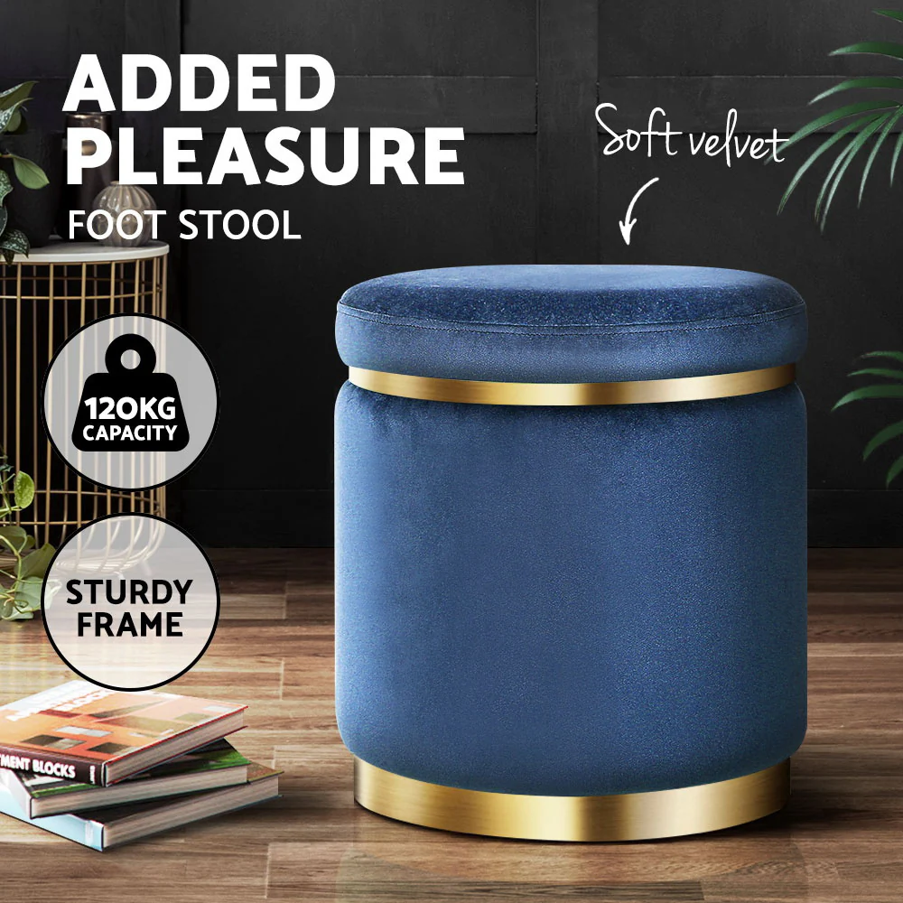 Artiss Ottoman Foot Stool Round Velvet Navy - Image 4