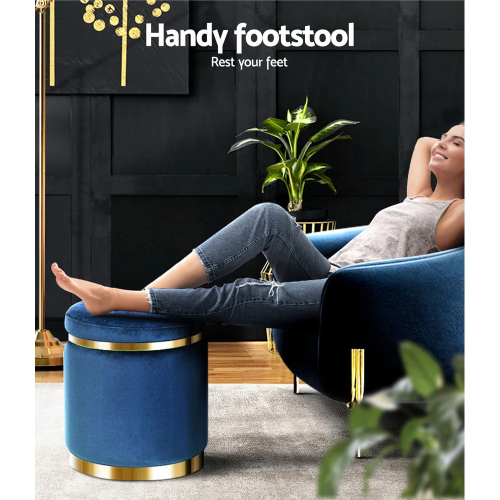 Artiss Ottoman Foot Stool Round Velvet Navy - Image 5