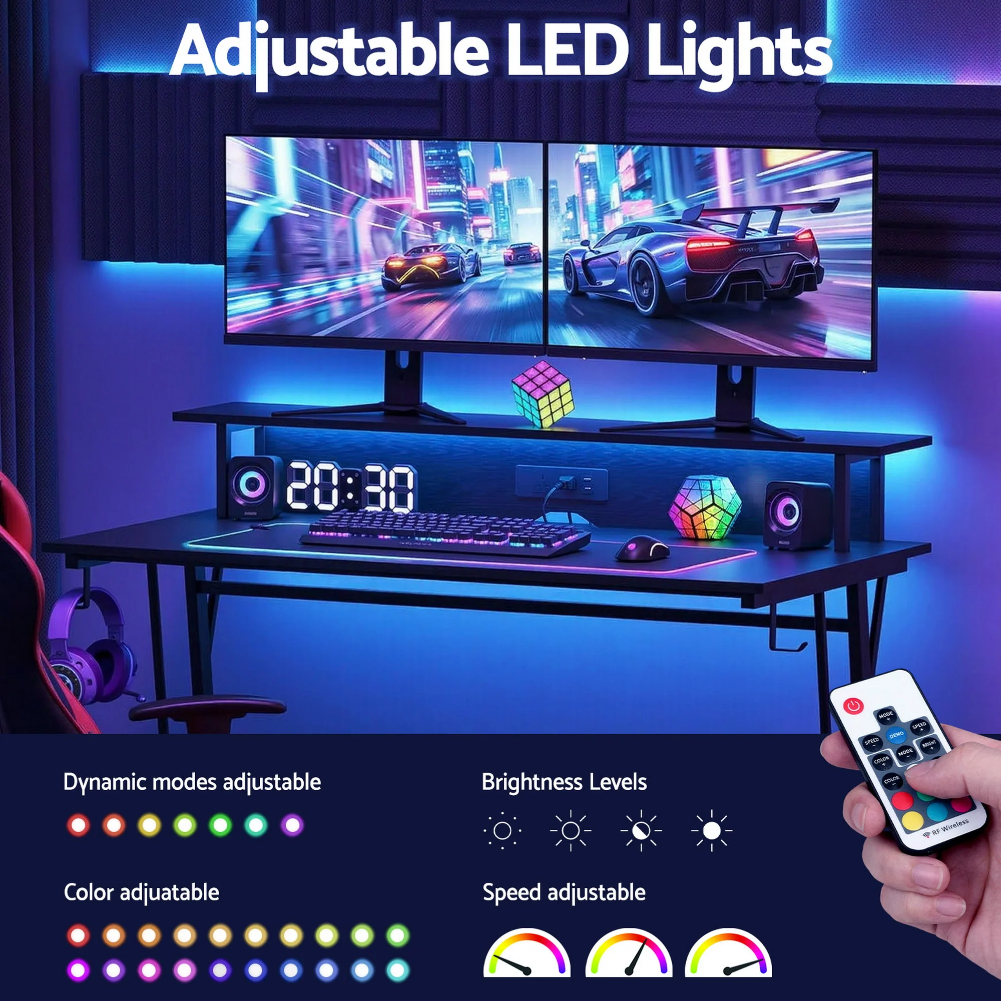Artiss Gaming Desk with LED Lights Computer Desk Table with Monitor Shelf Power 120cm - Image 6