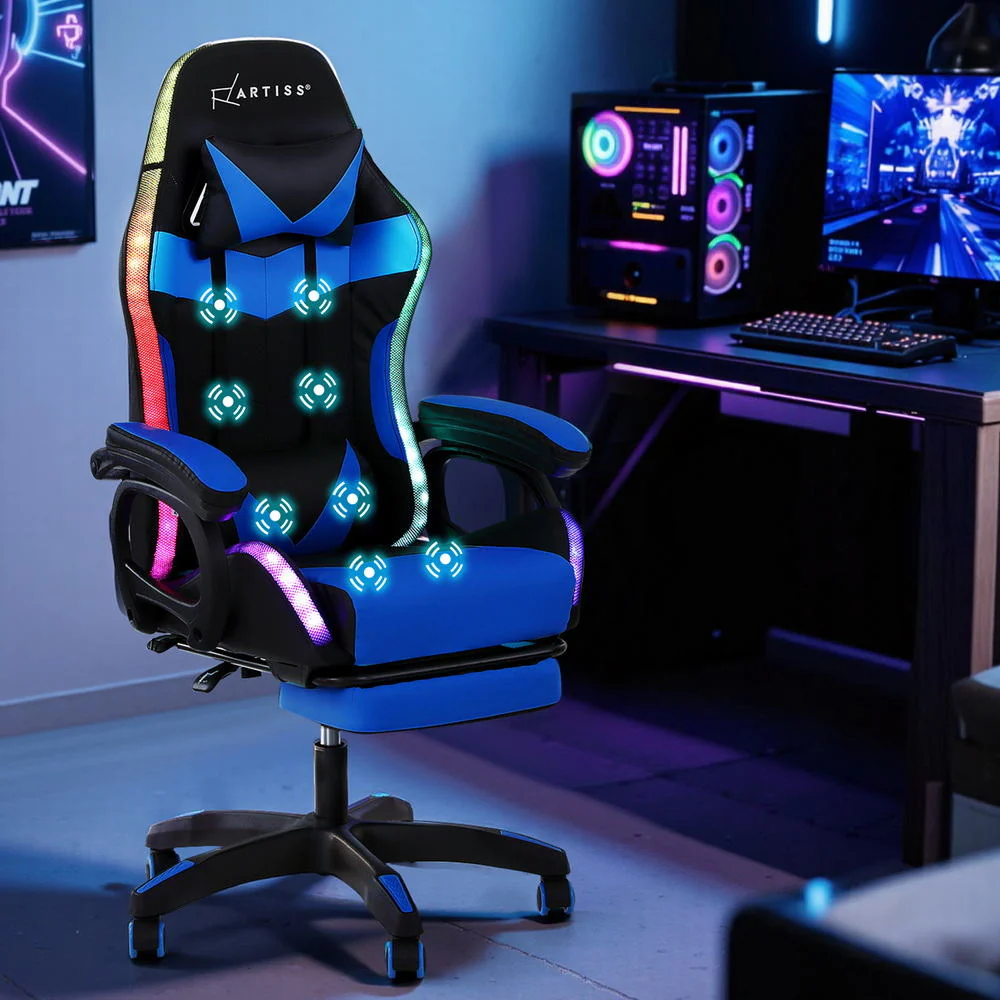 Artiss Gaming Office Chair 12 RGB LED Massage Computer Work Seat Footrest Blue - Image 8