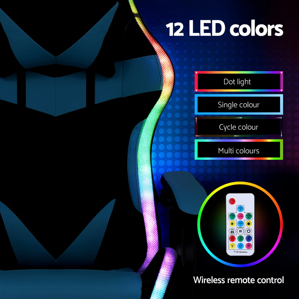 Artiss Gaming Office Chair 12 RGB LED Massage Computer Work Seat Footrest Cyan - Image 6