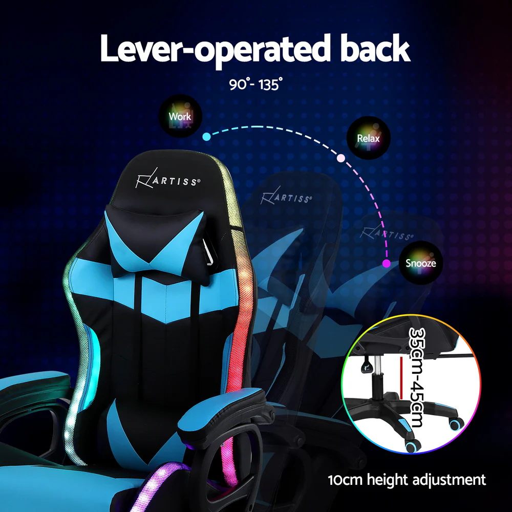 Artiss Gaming Office Chair 12 RGB LED Massage Computer Work Seat Footrest Cyan - Image 7