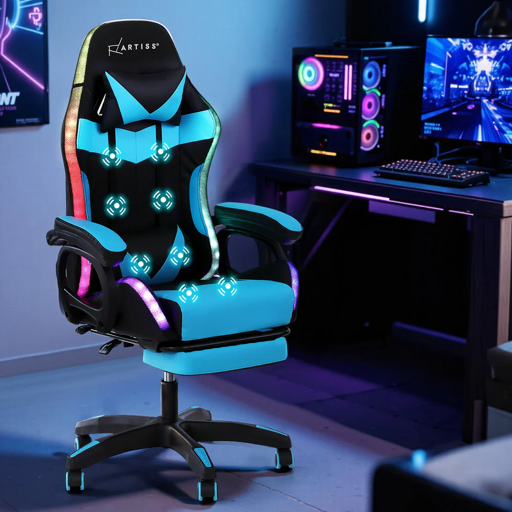 Artiss Gaming Office Chair 12 RGB LED Massage Computer Work Seat Footrest Cyan - Image 8