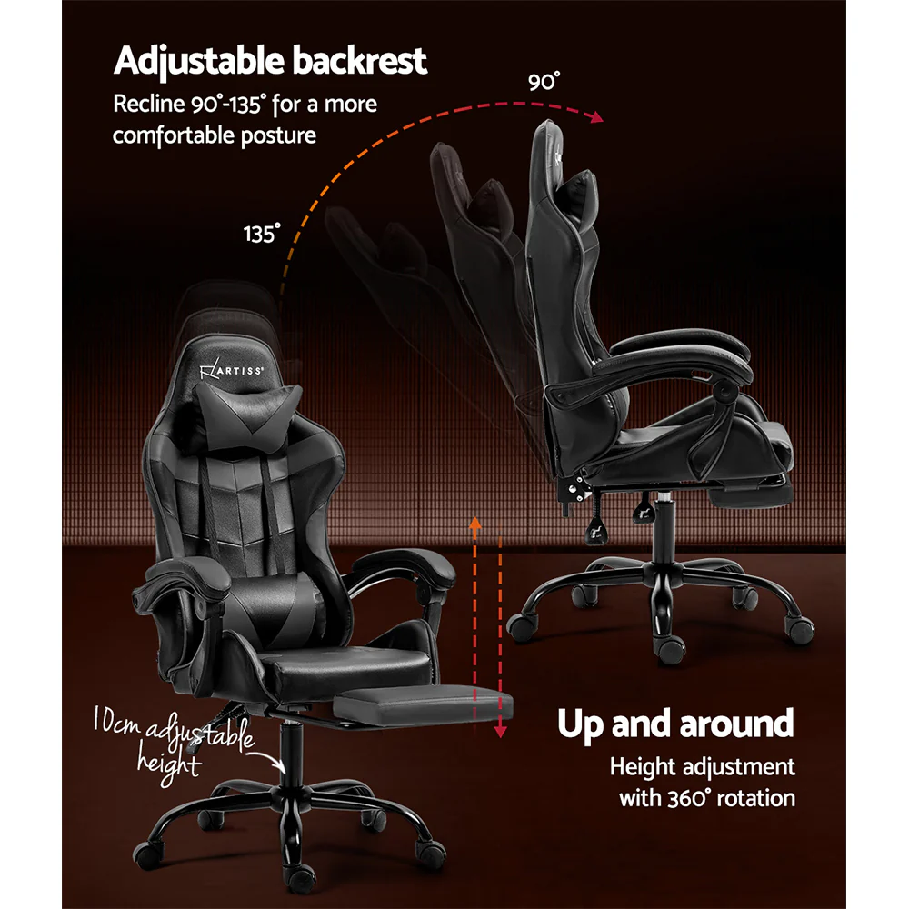 Artiss Gaming Office Chair Executive Computer Leather Chairs Footrest Grey - Image 5