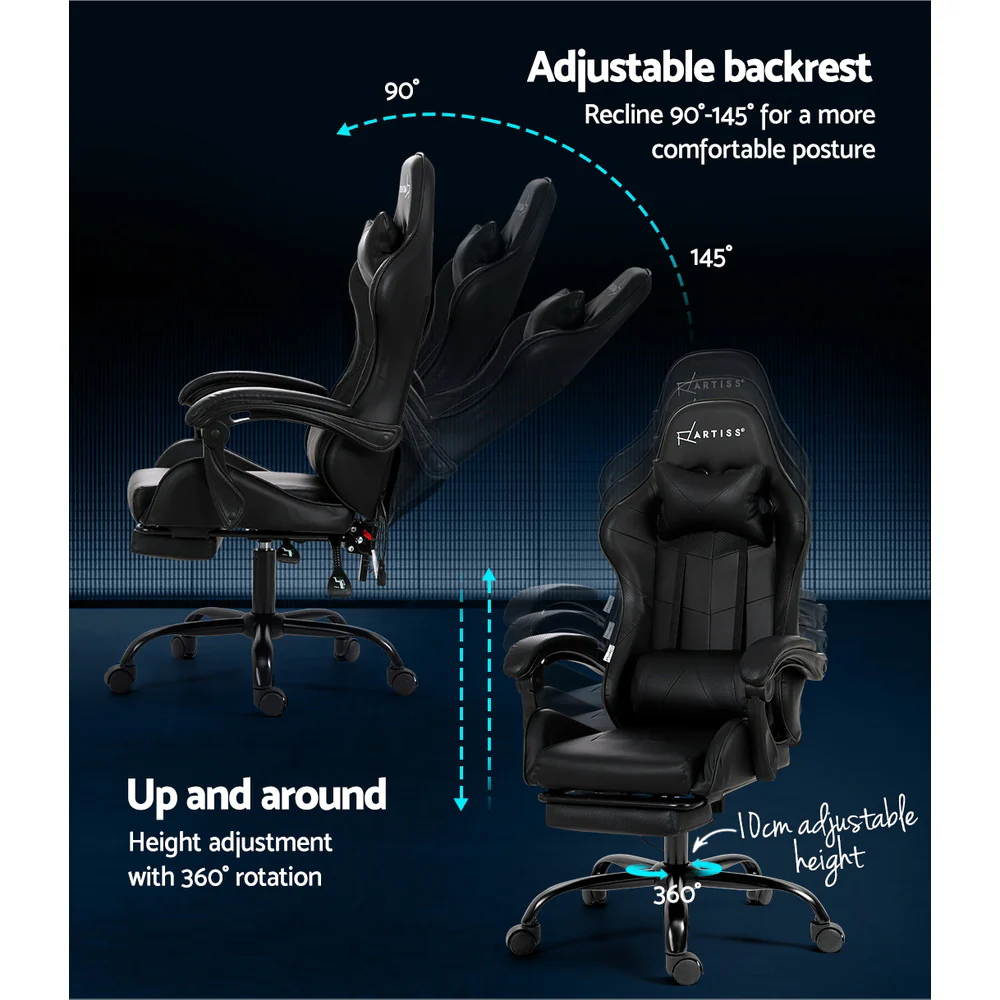 Artiss 6 Point Massage Gaming Office Chair Footrest Black - Image 5