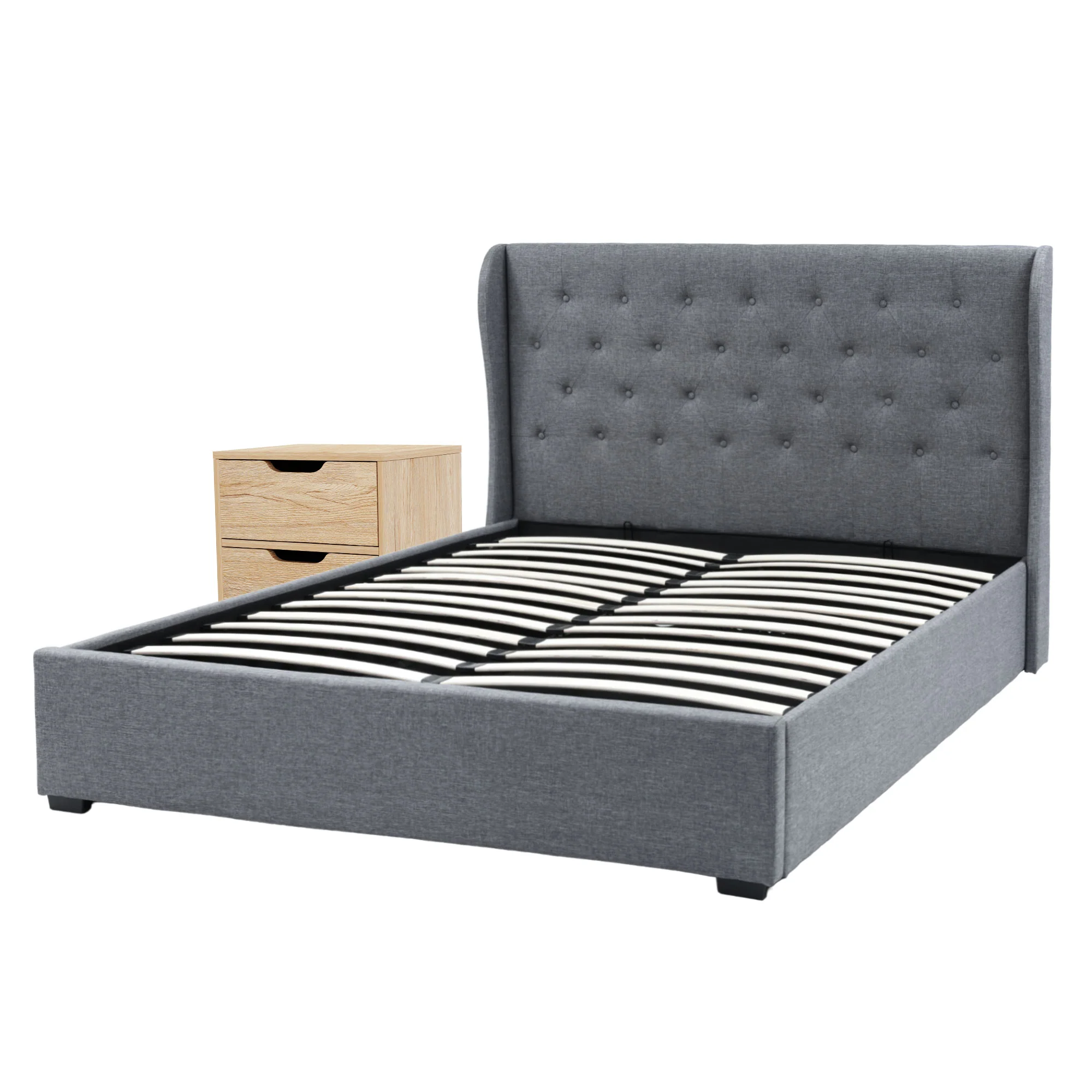 Artiss Gas Lift Queen Bed Frame and Bedside Table Set 2 Drawer Nightstand Bedroom Furniture Bundle - Image 2