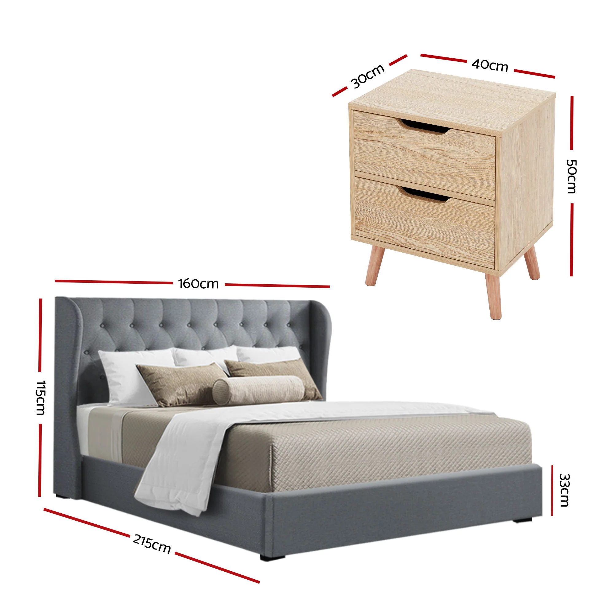 Artiss Gas Lift Queen Bed Frame and Bedside Table Set 2 Drawer Nightstand Bedroom Furniture Bundle - Image 3