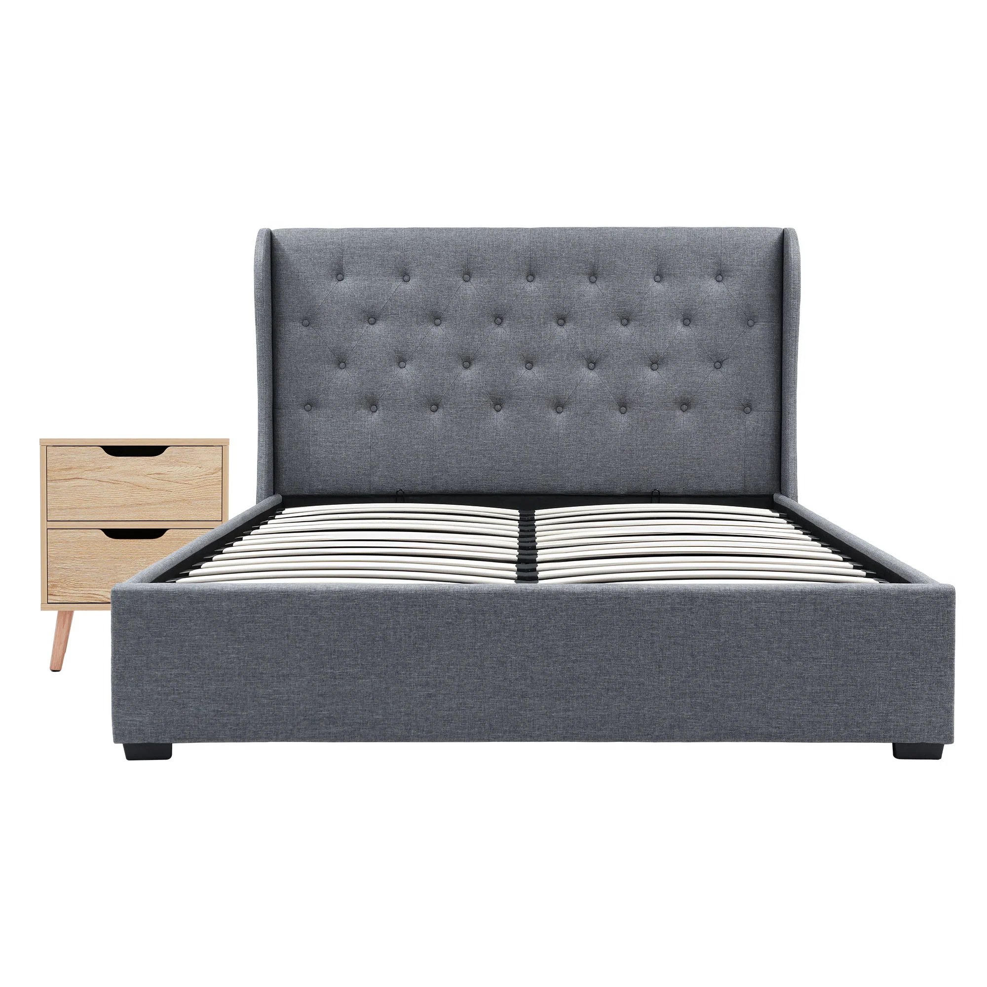 Artiss Gas Lift Queen Bed Frame and Bedside Table Set 2 Drawer Nightstand Bedroom Furniture Bundle - Image 4