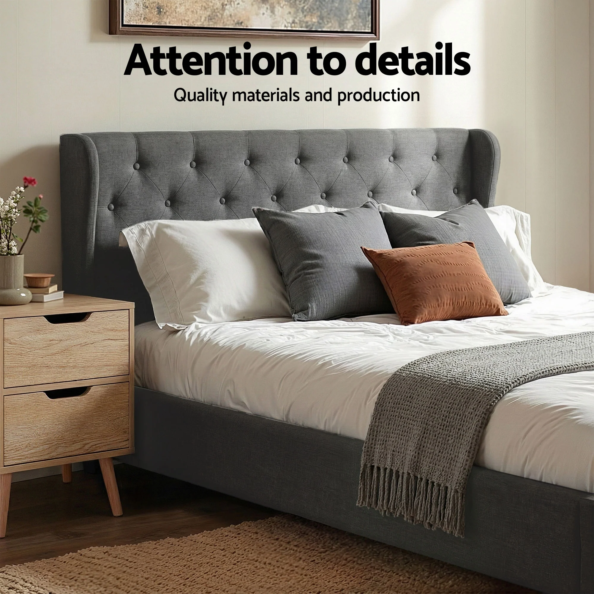 Artiss Gas Lift Queen Bed Frame and Bedside Table Set 2 Drawer Nightstand Bedroom Furniture Bundle - Image 6