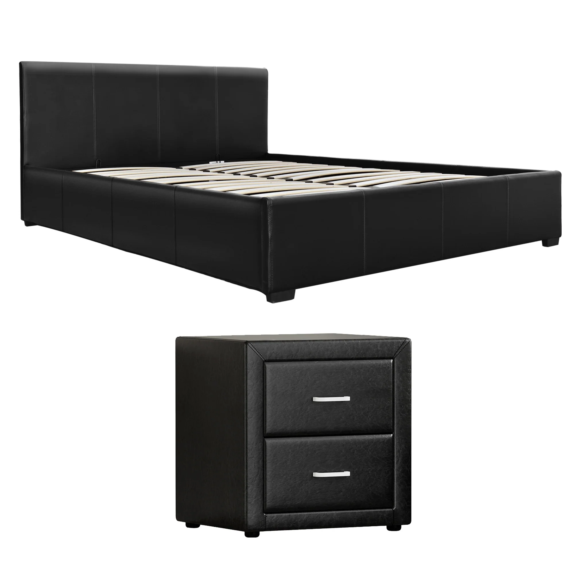 Artiss Gas Lift Queen Bed Frame and Bedside Table Set Leather Black - Image 2