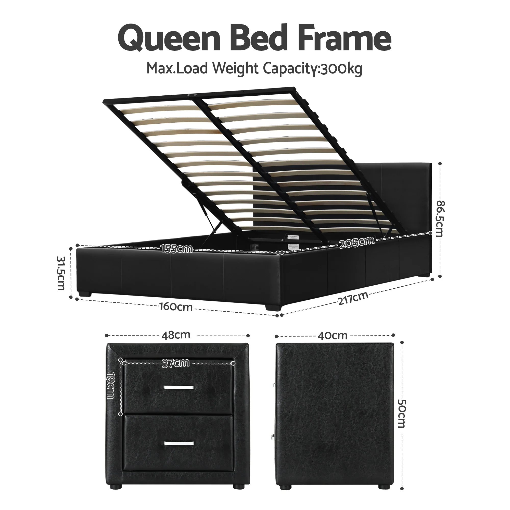 Artiss Gas Lift Queen Bed Frame and Bedside Table Set Leather Black - Image 3