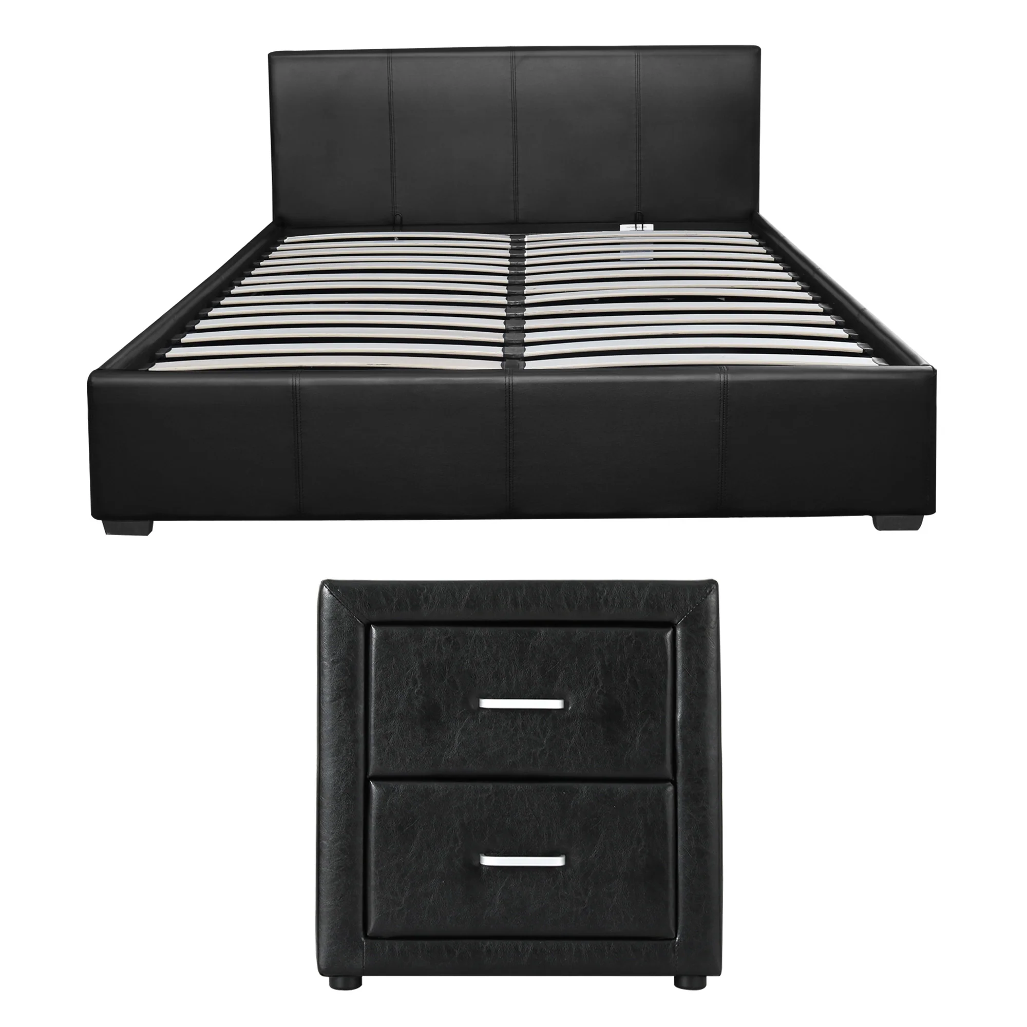 Artiss Gas Lift Queen Bed Frame and Bedside Table Set Leather Black - Image 4