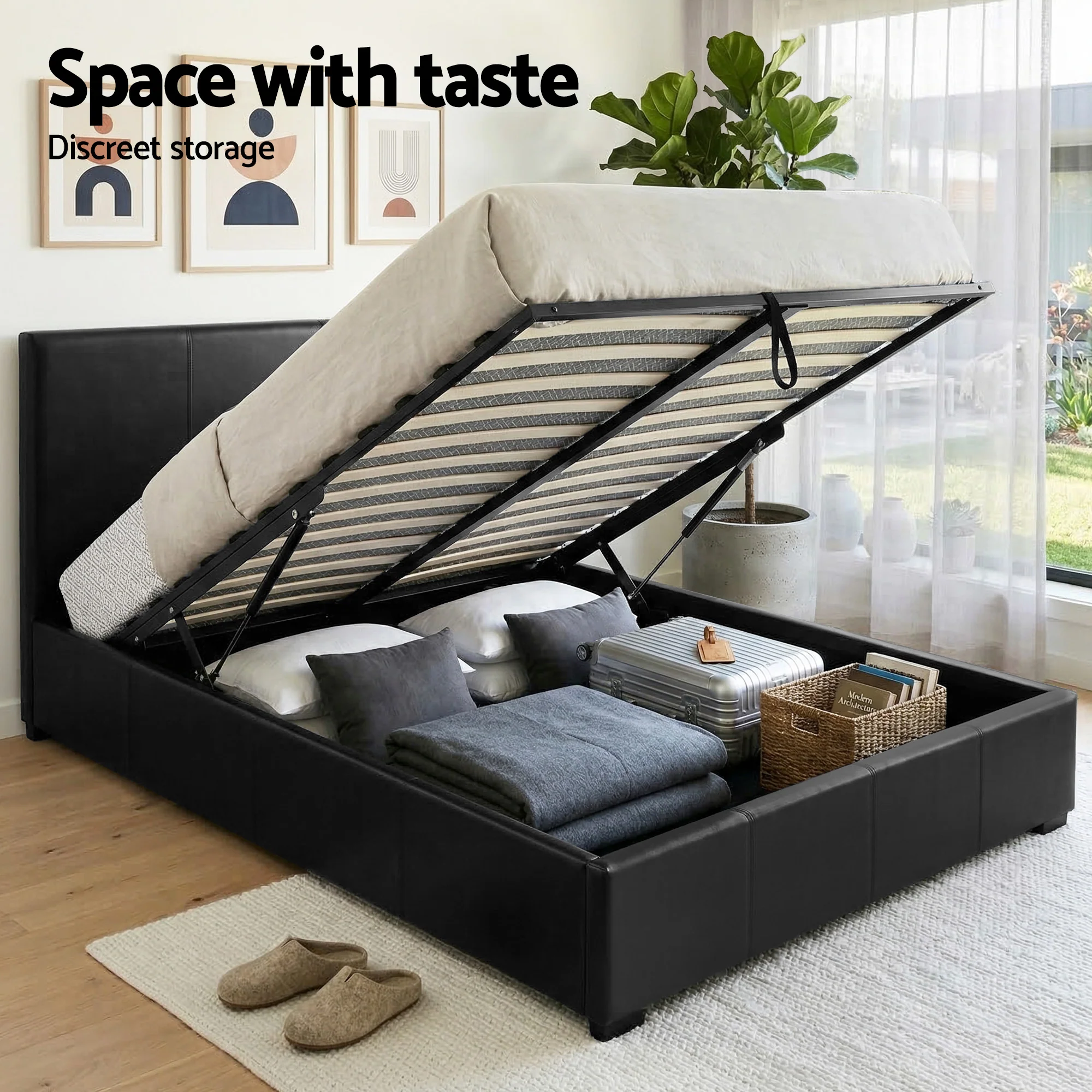 Artiss Gas Lift Queen Bed Frame and Bedside Table Set Leather Black - Image 5