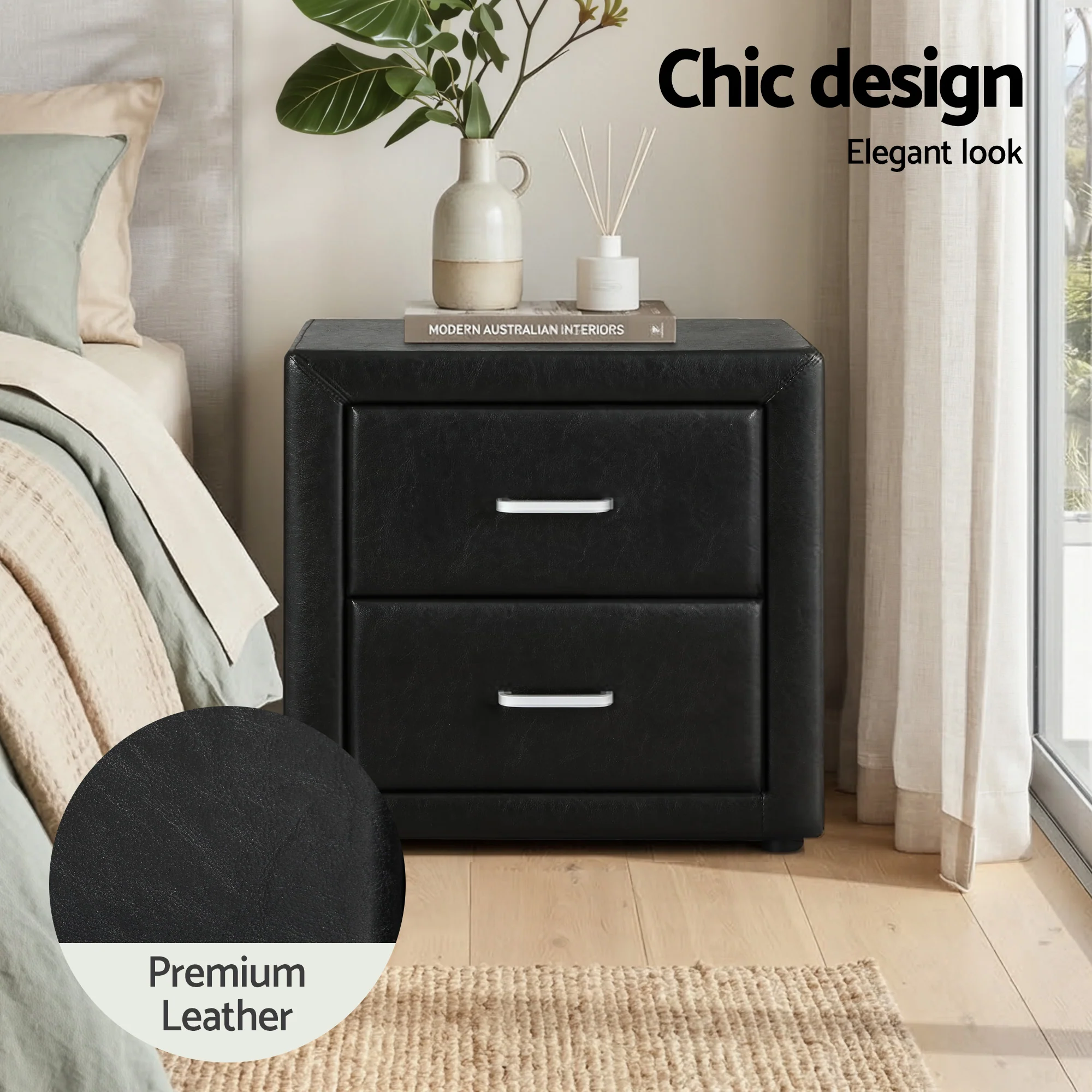 Artiss Gas Lift Queen Bed Frame and Bedside Table Set Leather Black - Image 8