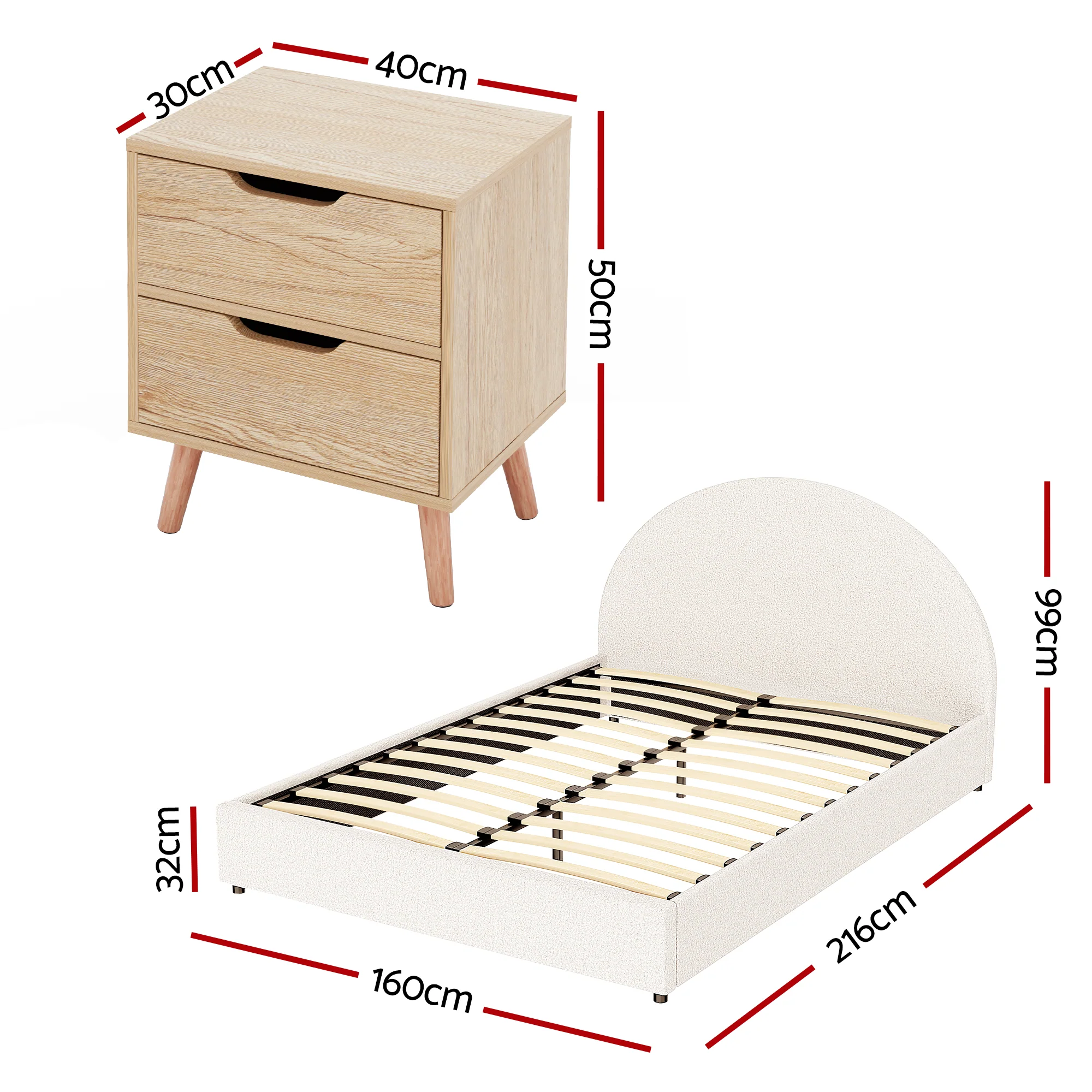 Artiss Gas Lift Queen Bed Frame with Bedside Table Set Boucle Fabric Upholstered Platform Bed Nightstand - Image 3