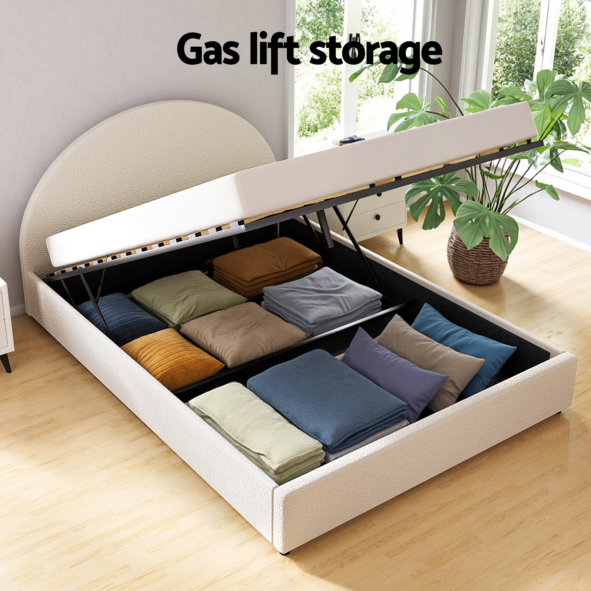 Artiss Gas Lift Queen Bed Frame with Bedside Table Set Boucle Fabric Upholstered Platform Bed Nightstand - Image 6